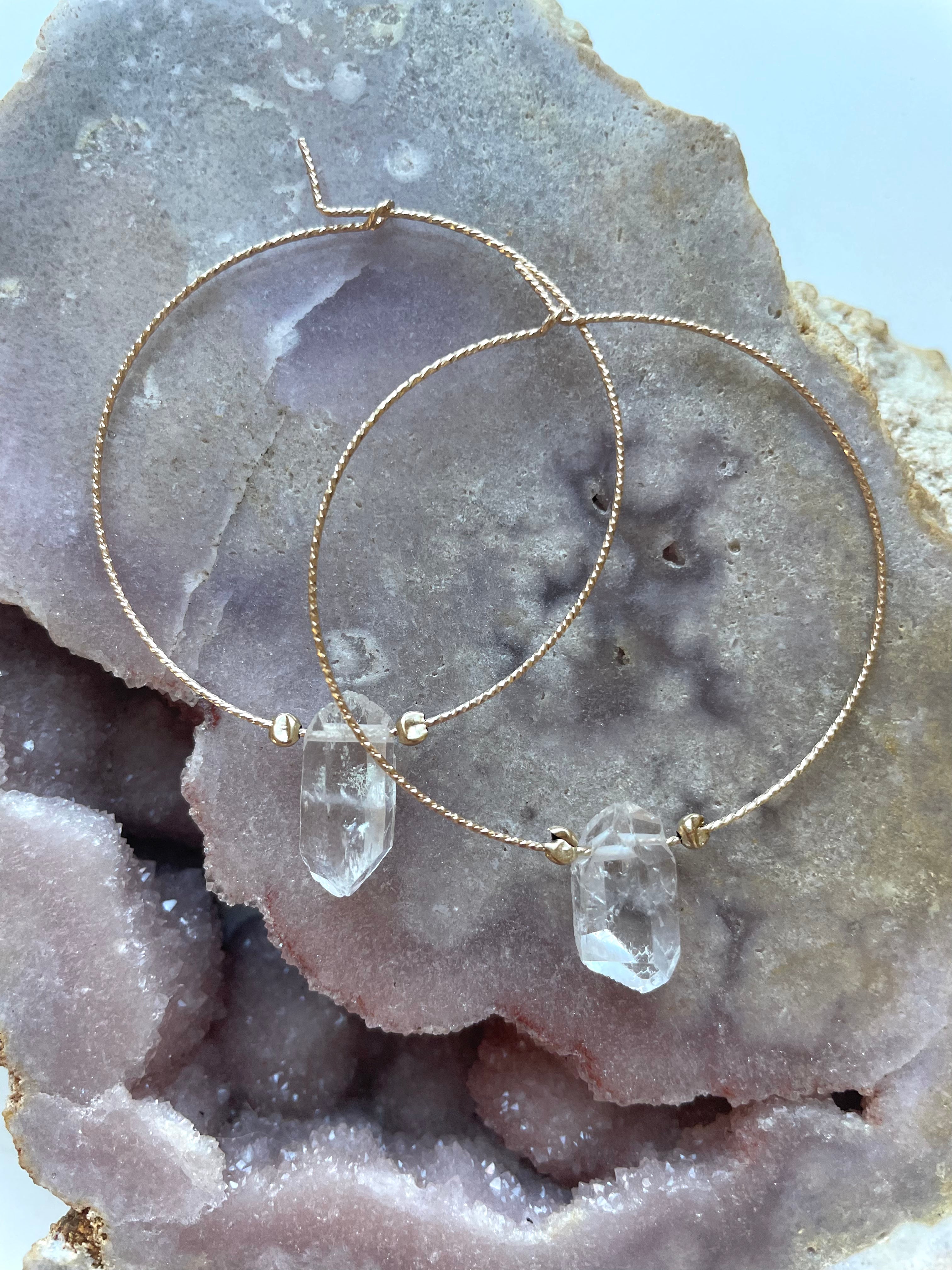 Thin Single Clear Quartz Boho Hoop Earrings for Women - Minimalist Crystal Dangle Earrings for Everyday Wear, Boho Chic Jewelry for Casual Outfits & Special Occasions