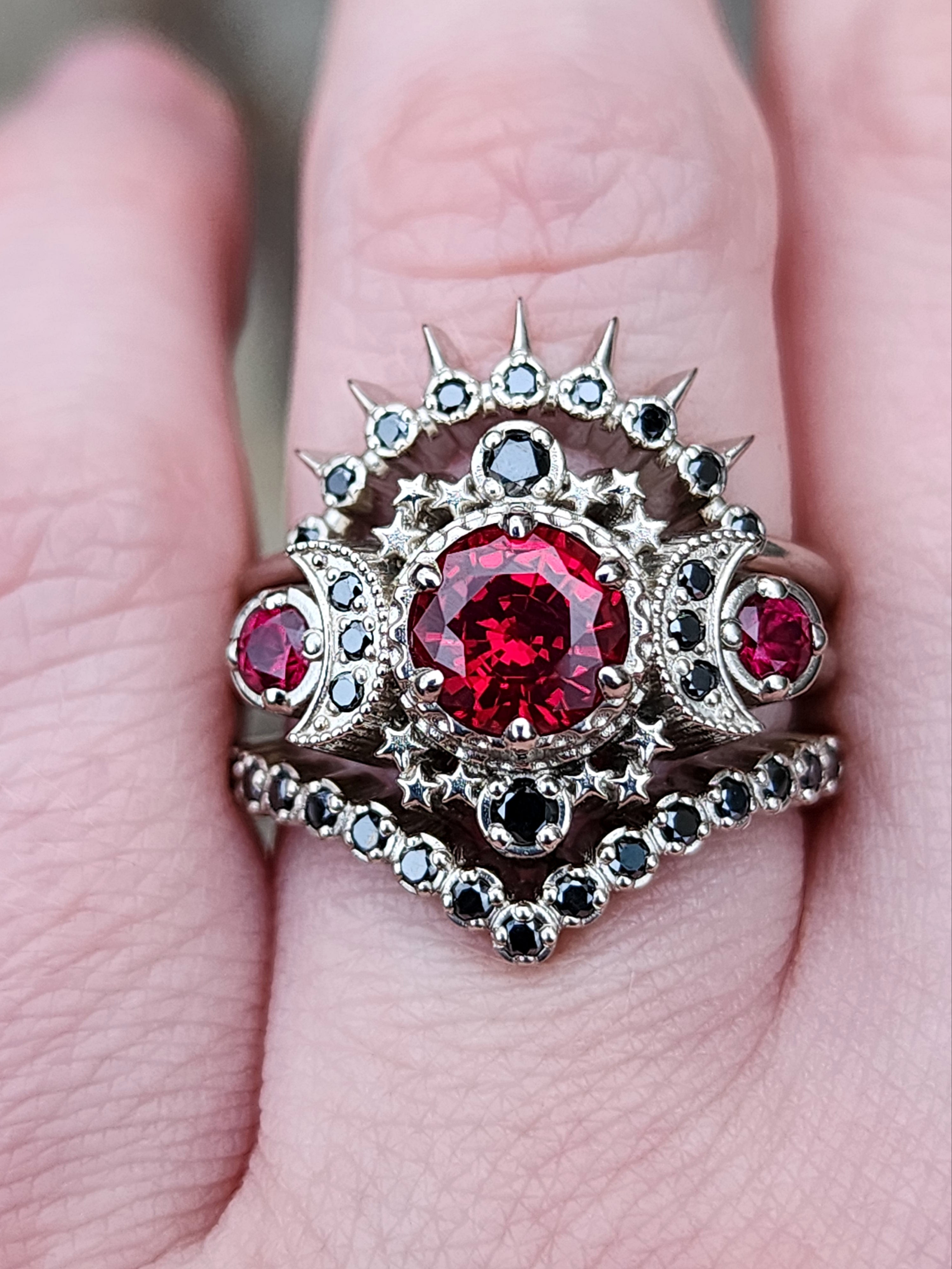 Blood Moon Black Diamond & Ruby Cosmos White Gold Engagement Ring Set | Gothic Pagan Wedding Rings | Handmade Fine Jewelry for Alternative Brides & Dark Romance Lovers