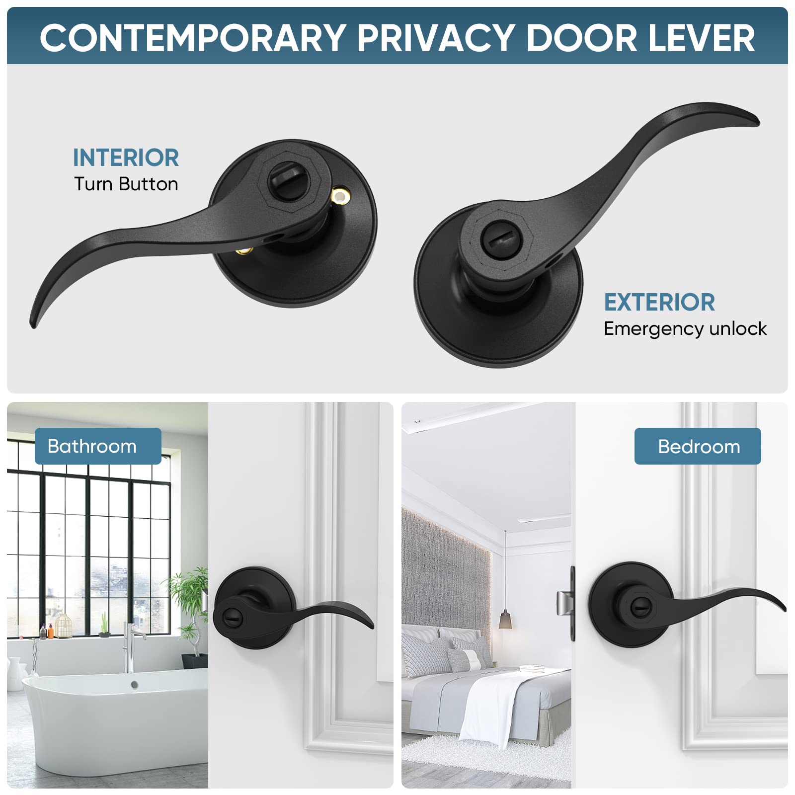 TICONN Traditional Wave Style Reversible Door Lever - Matte Black Interior Door Handles & Closet Knobs (5-Pack, Privacy Function) - Perfect for Bedrooms, Bathrooms, and Home Office Doors