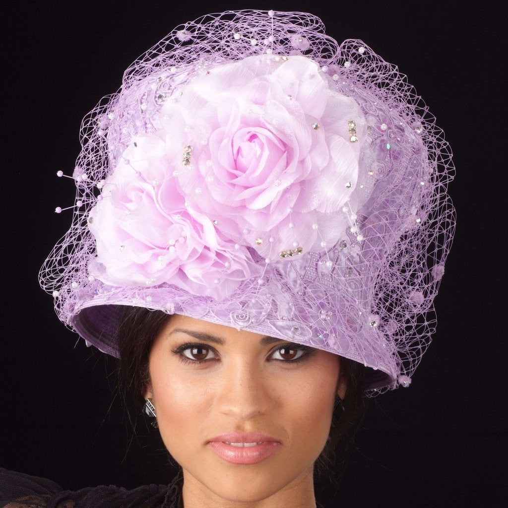 OE8008 Elegant Lace Covered Lavender Church Hat for Women - Perfect for Sunday Service, Weddings & Special Occasions