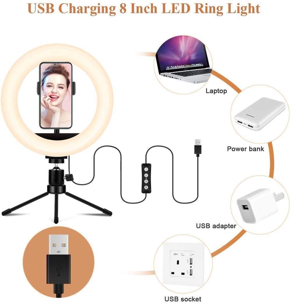 HMTE 8 Inch Ring Light with Mini Metal Tripod - Professional Beauty Lighting for Live Streaming, YouTube Videos, TikTok & Photography - Perfect for Makeup, Selfies, and Video Calls