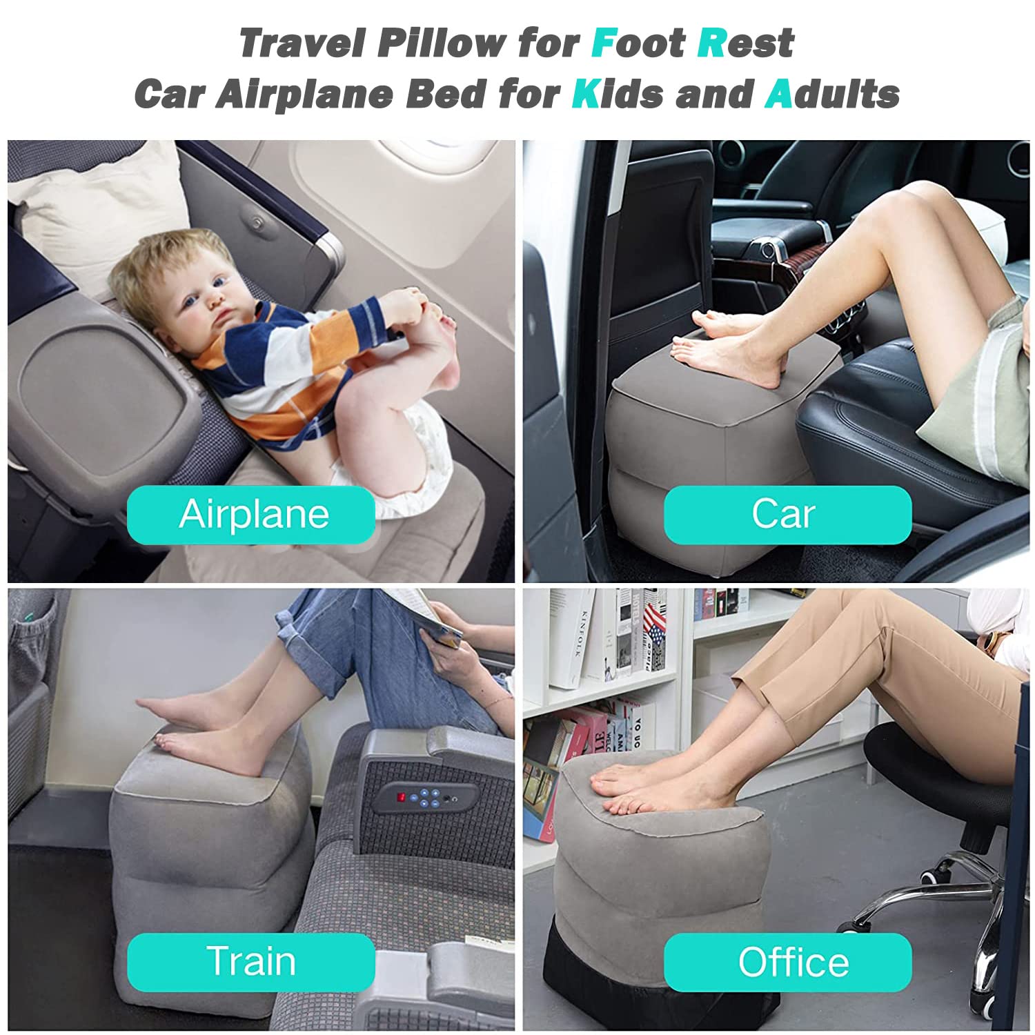 Inflatable Foot Rest Pillow for Travel - Adjustable Height Cushion for Kids & Adults - Airplane, Car, Office & Home Use - Portable Sleep Support for Traveling (Black) - Perfect for Long Flights, Road Trips & Work Comfort