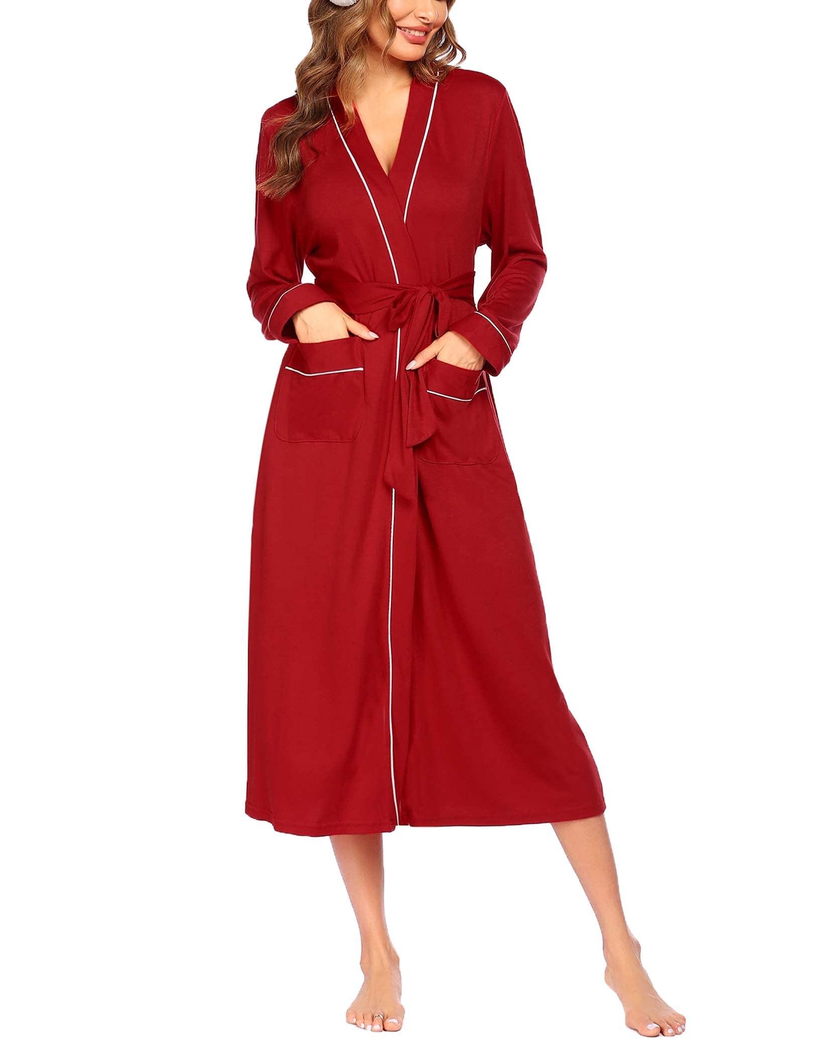Ekouaer Women's Soft Cotton Long Sleeve Knit Bathrobe with Pockets - Cozy Loungewear for Home, Spa & Relaxation