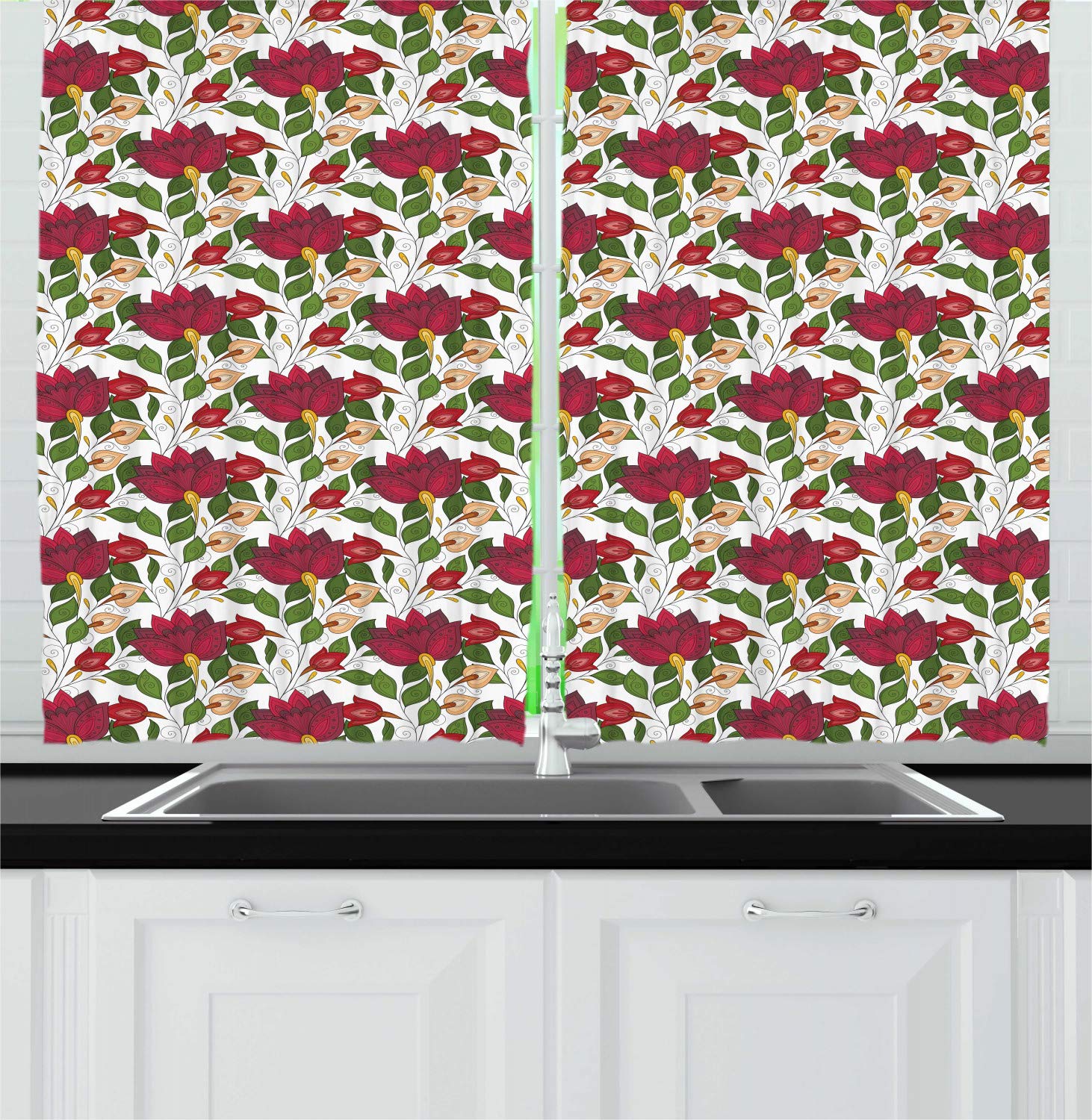 Ambesonne Floral Kitchen Curtains Set of 2 Panels - Abstract Leafy Petals Branches Garden Design in Green & Dark Pink, 55