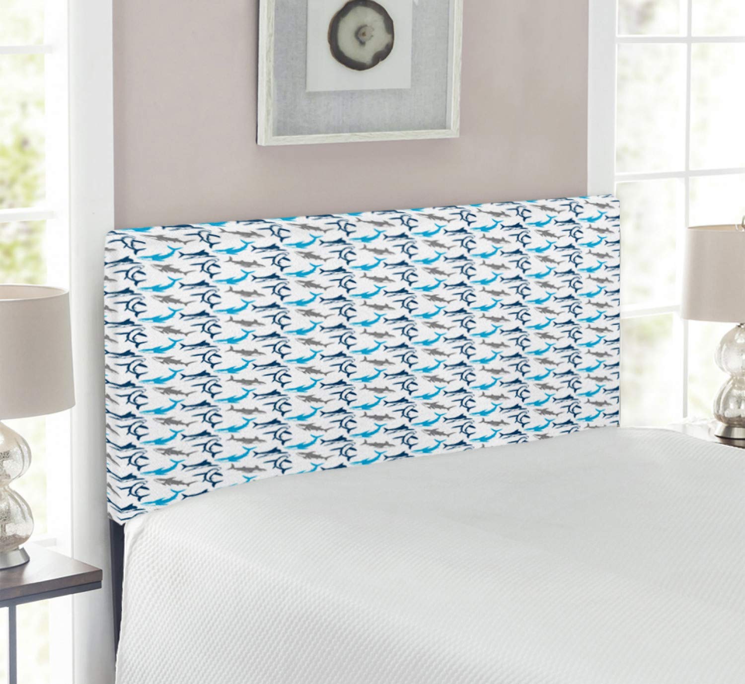 Ambesonne Shark Headboard - Retro Abstract Silhouette Design, Upholstered Metal Bed Headboard with Memory Foam, Twin Size in Navy Blue & Grey | Perfect for Kids' Rooms, Ocean-Themed Bedrooms & Nautical Decor
