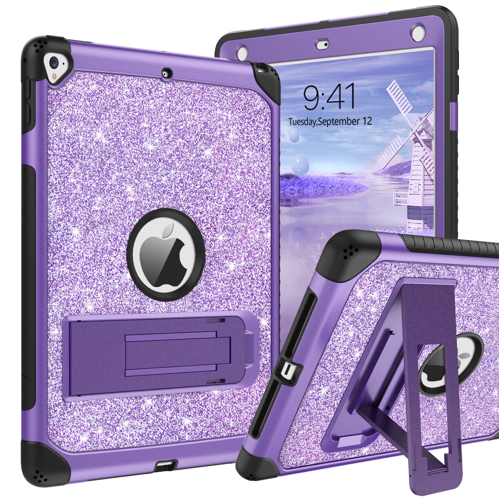 YINLAI iPad 6th/5th Gen Case 9.7-Inch (2018/2017), iPad Pro 9.7 & iPad Air 2 Case - Glitter Sparkle Shockproof Protective Cover with Kickstand for Women Girls Kids (A1893/A1954/A1822/A1823) - Purple | Perfect for School, Travel & Daily Use