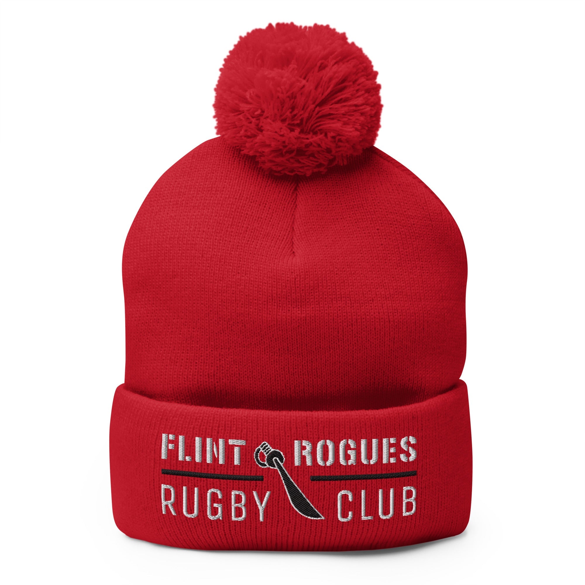 Flint Rogues RFC Pom Beanie - Winter Knit Hat for Men & Women - Soft Warm Skull Cap with Faux Fur Pom - Perfect for Snowboarding, Skiing, and Outdoor Activities