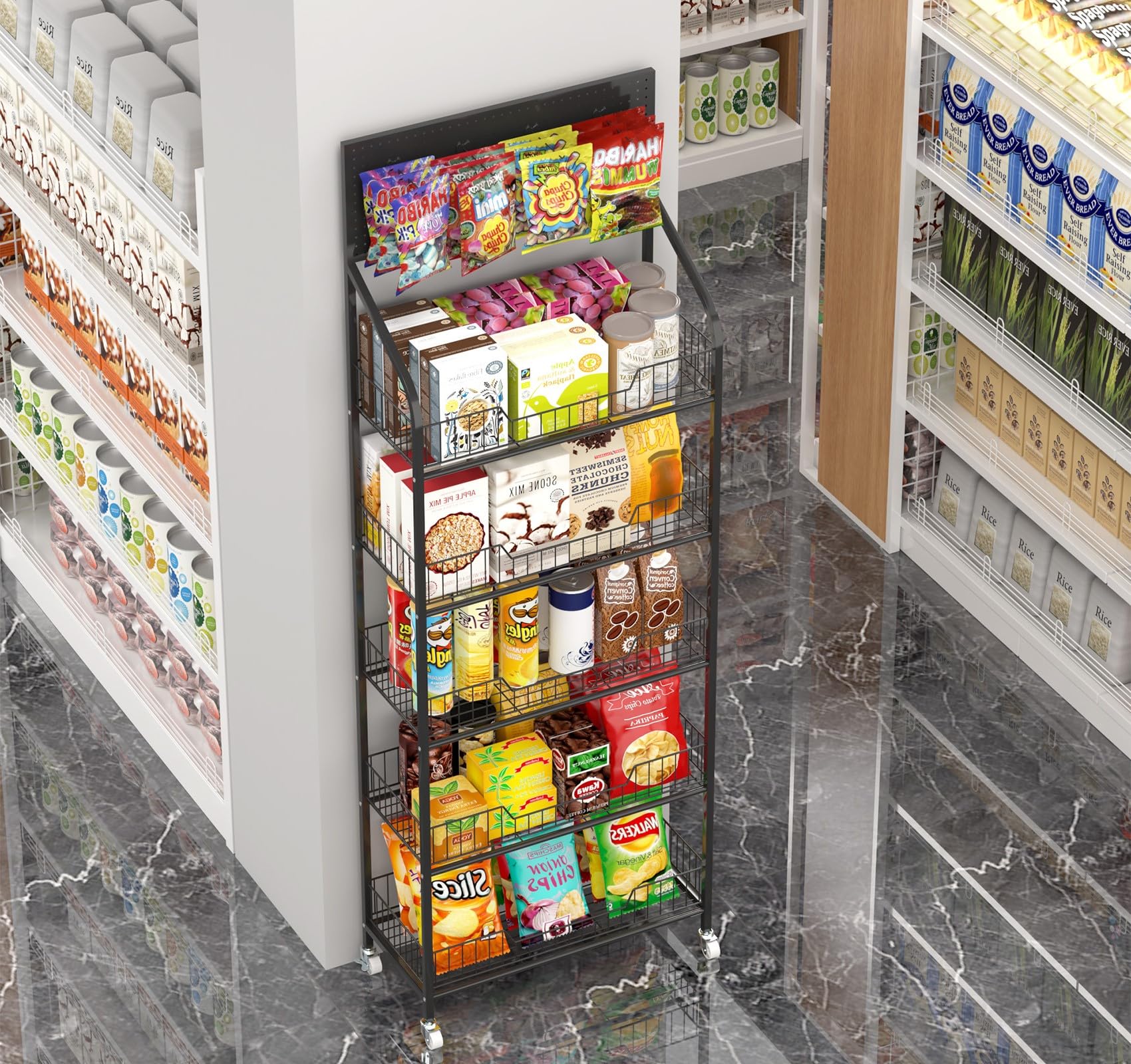 Nisorpa 5-Tier Metal Supermarket Display Rack with Wheels - Free Standing Snack Candy Organizer Cart for Convenience Stores, Home Kitchen - 23.6