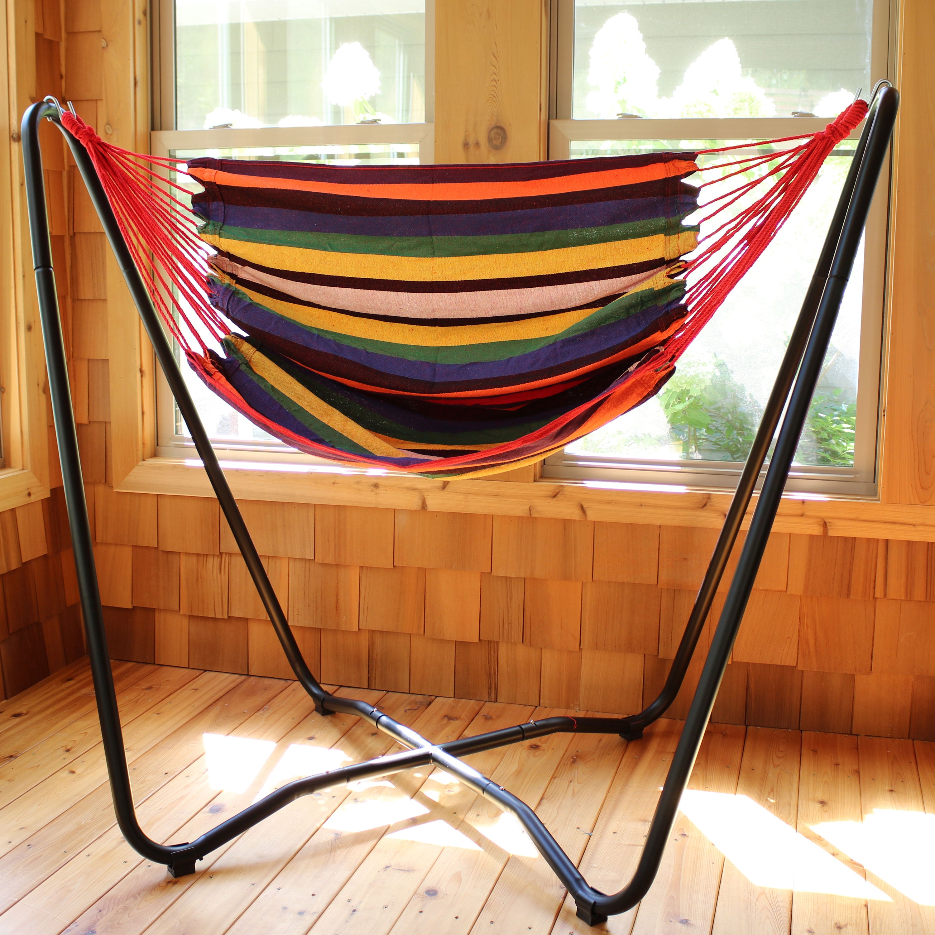 Sunnydaze Hanging Rope Hammock Chair with Space-Saving Stand - Indoor/Outdoor Swing Chair for Patio, Garden, Balcony & Bedroom Relaxation