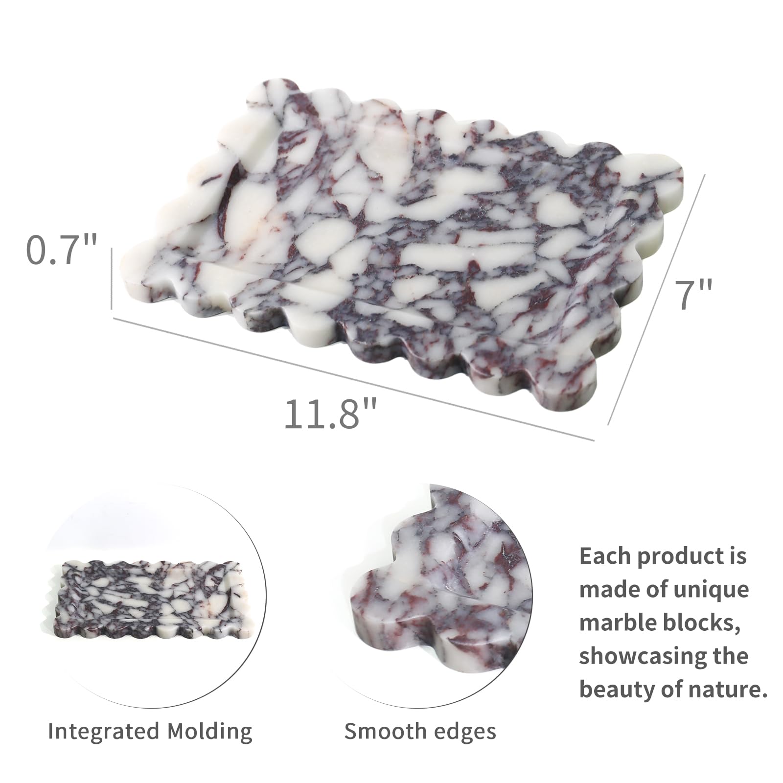 Luxury Scalloped Marble Vanity Tray - 100% Natural Stone Bathroom & Kitchen Organizer - Rectangle Storage Tray for Jewelry, Keys, Candles (11.8
