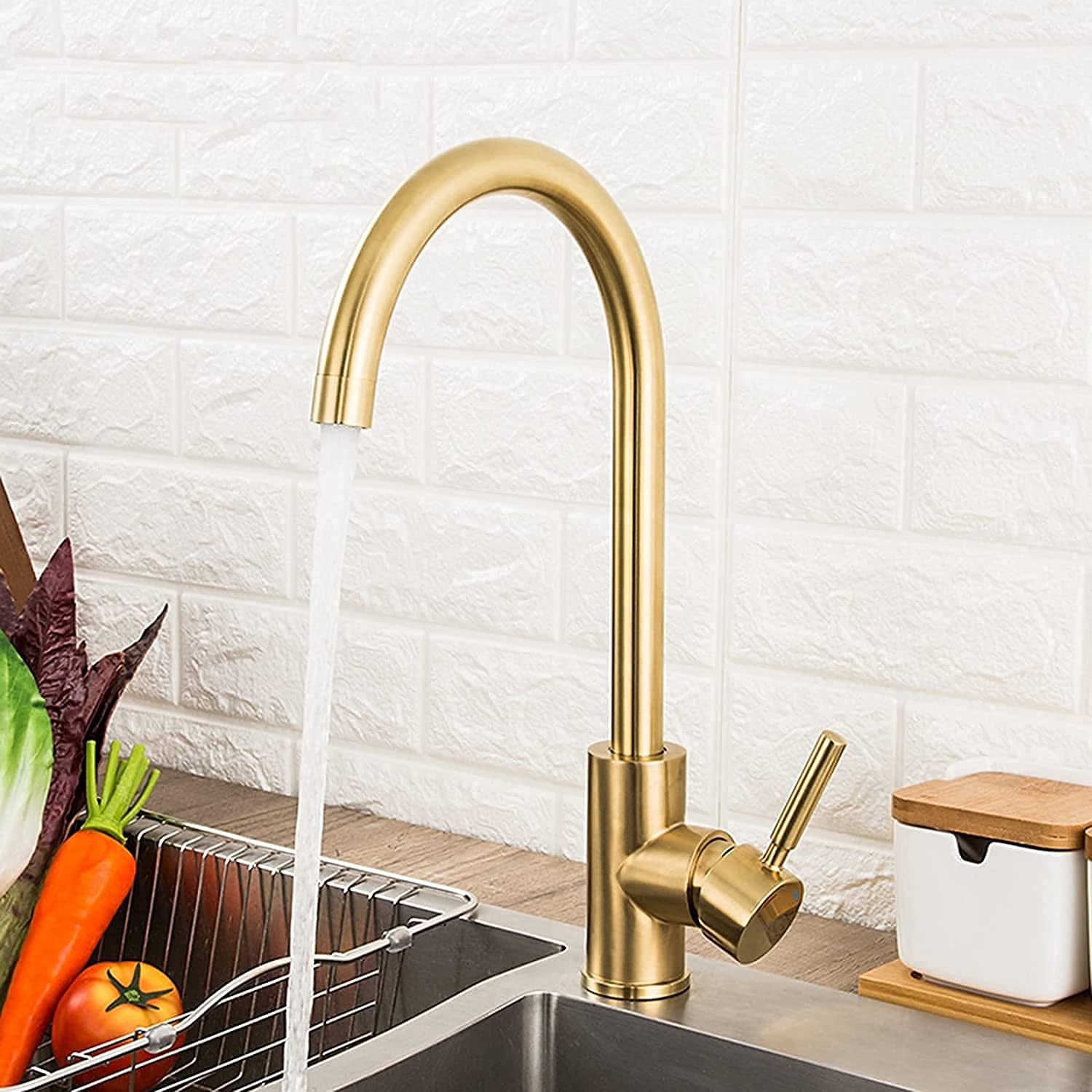 360° Rotating Brushed Gold Stainless Steel Kitchen Faucet - Hot & Cold Water Mixer Tap with Durable Surface for Modern Kitchen Sink | Perfect for Cooking, Washing Dishes & Food Prep