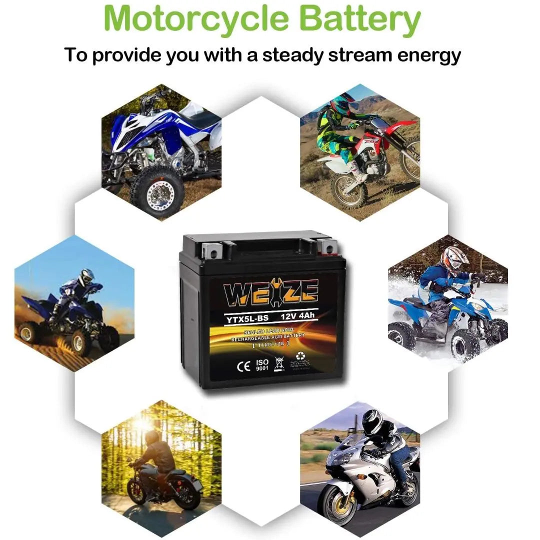 WEIZE YTX14-BS 12V 12Ah AGM Sealed Lead Acid Battery - High Performance, Maintenance Free ATV/Motorcycle Battery - Compatible with Honda, Suzuki, Kawasaki, Yamaha Scooters & Snowmobiles - Perfect for Off-Road Adventures, Winter Riding & Powersports Vehicles