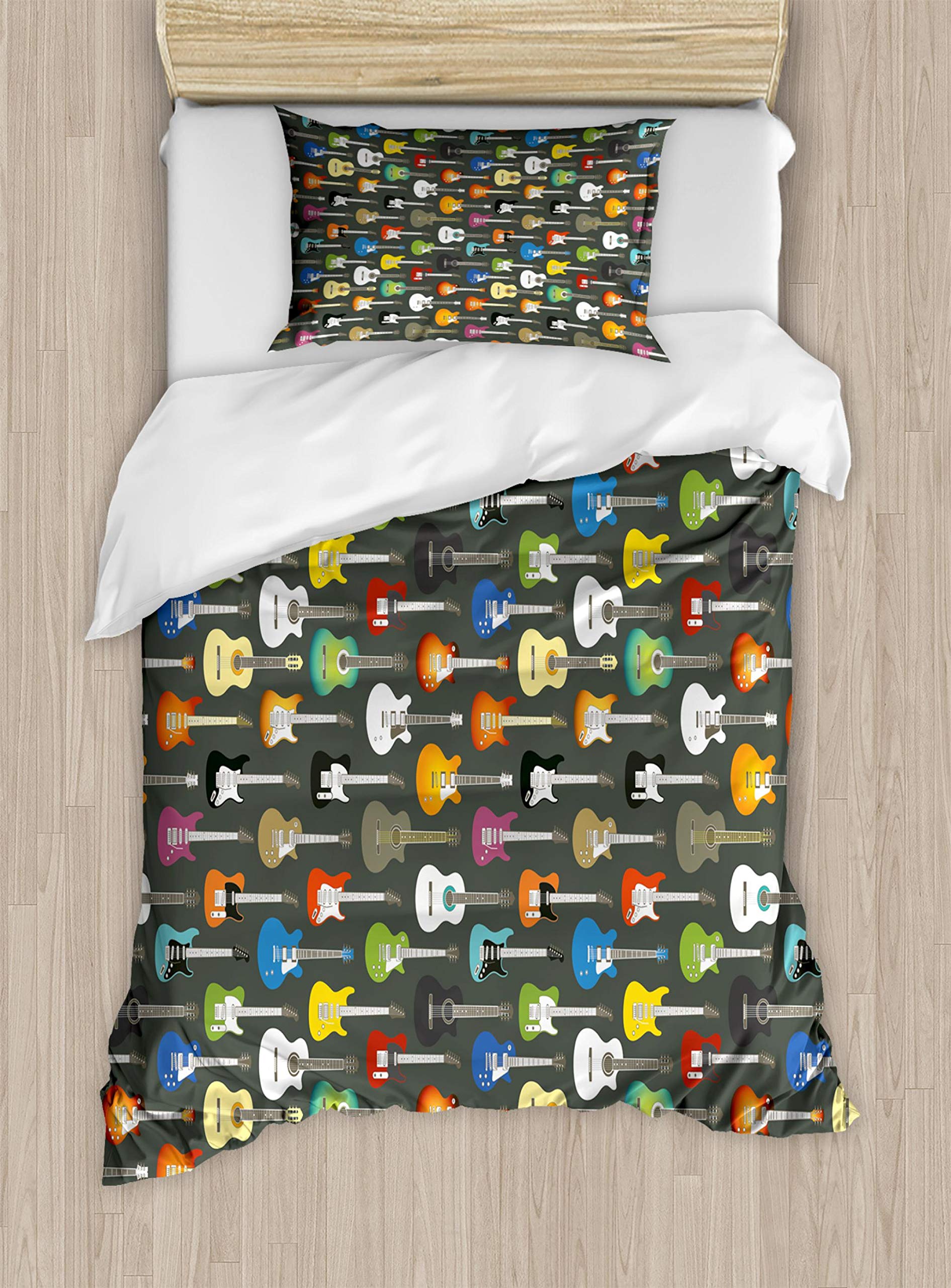 Ambesonne Guitar Duvet Cover Set - Grunge Music Theme Bedding with Instrument Strings Design, Creative Songwriting Decor, 2-Piece Twin Size Set with Pillow Sham, Multicolor - Perfect for Music Lovers' Bedroom & Teen Room Decor