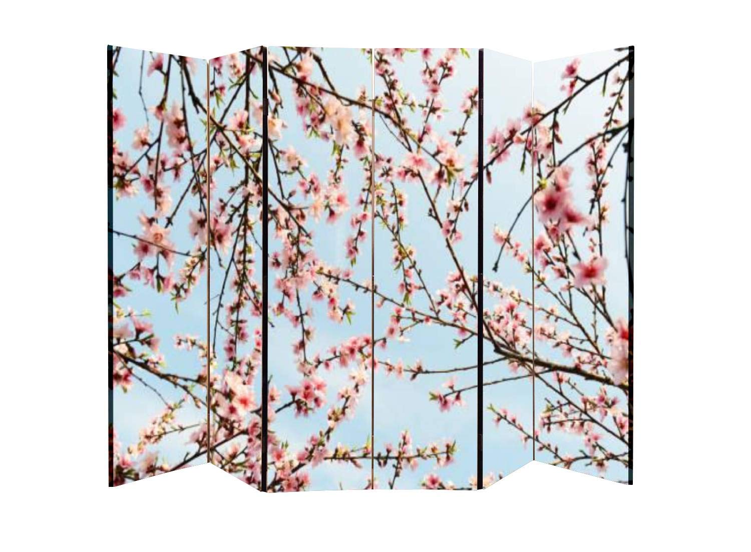 6-Panel Wooden Folding Room Divider - Peach Blossom Mountain Landscape Canvas Privacy Screen - Dual-Sided Partition for Home & Office Decor | Perfect for Living Room, Bedroom, and Studio Spaces