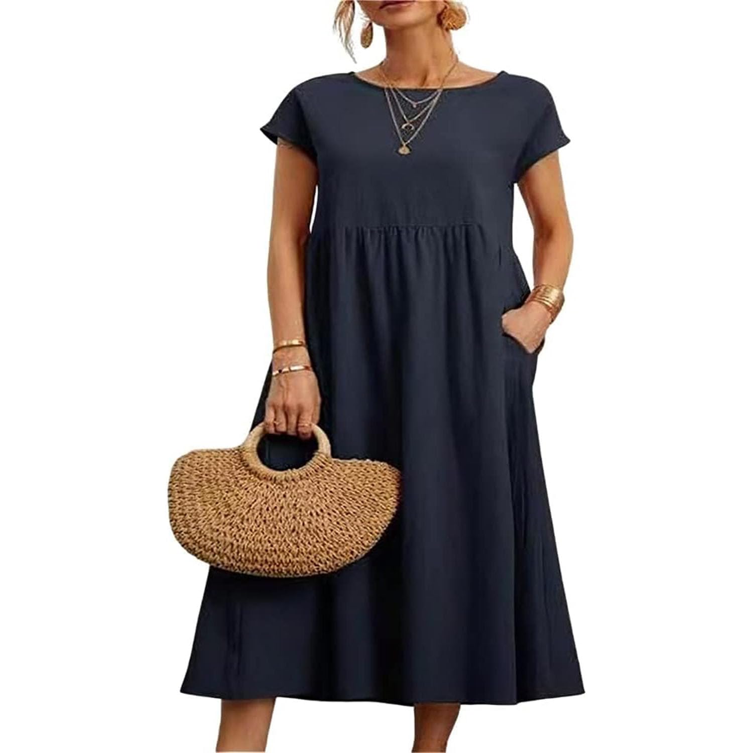 Trendy Women's Summer Short Sleeve Crewneck Maxi Dress - Breathable Cotton Beach Dress with Pockets (S-XXL) - Perfect for Vacation, Pool Parties & Casual Outings