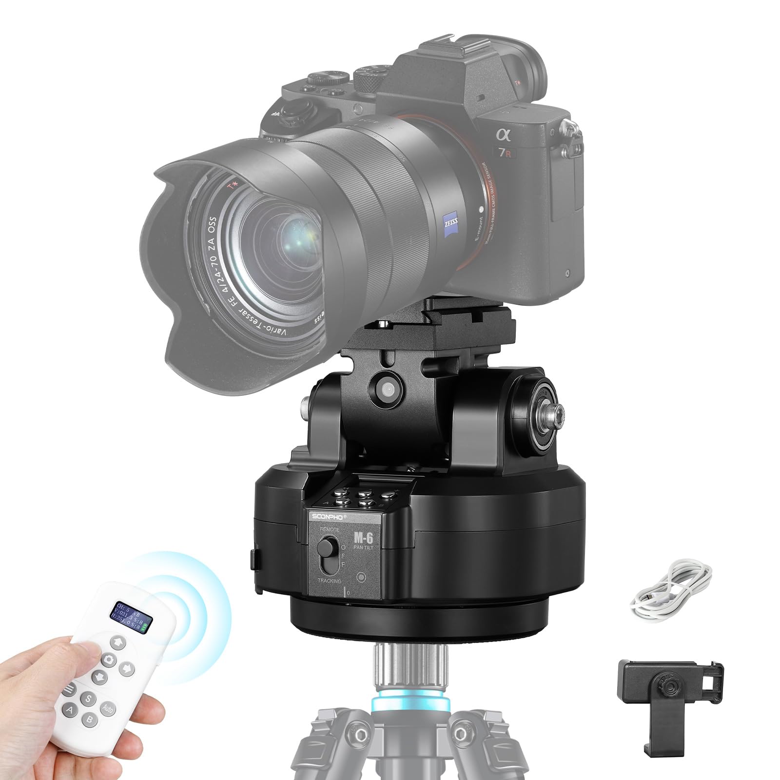 Soonpho M6 Auto Face Tracking Motorized Rotating Panoramic Tripod Head - 360° Remote Control Pan Tilt Head with Phone Clip for DSLR Cameras, Smartphones & Tripods | Perfect for Vlogging, Live Streaming & Photography