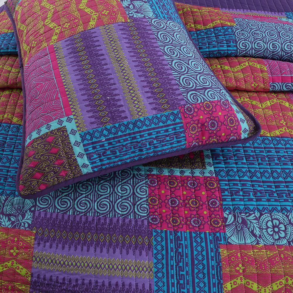 Bohemian Style 3-Piece Quilt Set - 100% Cotton Bedding for Full/Queen Size Beds | Perfect for Cozy Bedrooms, Guest Rooms & Boho Chic Home Decor