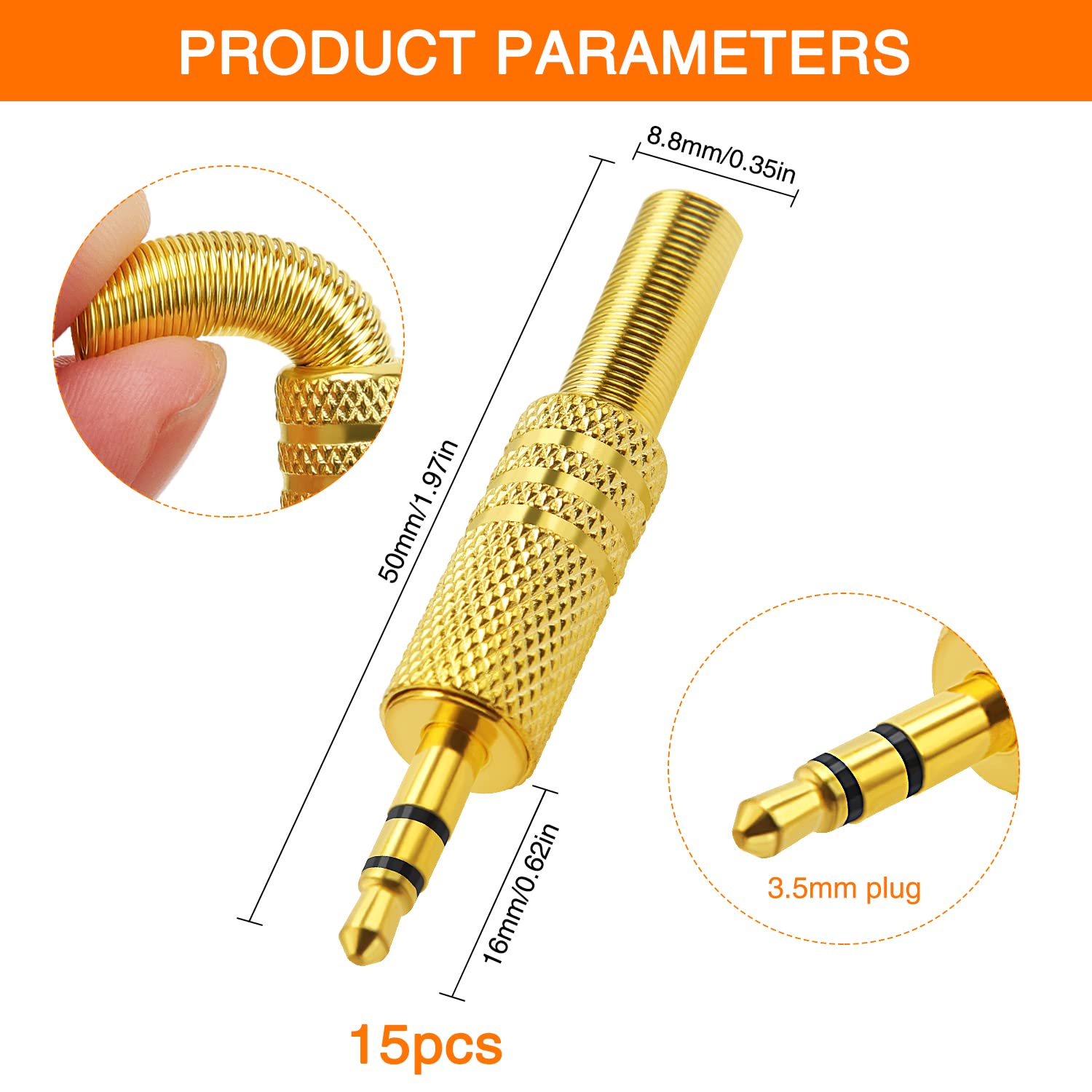 15 PCS 3.5mm TRS Male Audio Jack Plug - Gold Plated Metal Headphone Connector with Spring for Soldering | Compatible with Headphones, Earbuds, Headsets | DIY Audio Repair & Custom Cable Making