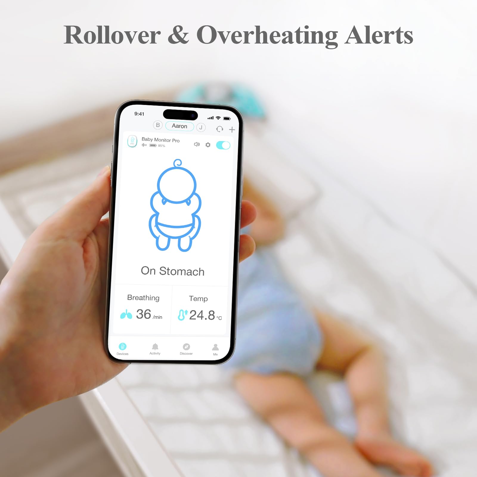 Sense-U Pro Baby Breathing Monitor with Real-Time Alerts – Track No Breathing, Rollover & Overheating Remotely | Vibration, Sound & App Notifications | Clip-On Wearable Design for Home, Travel & Nursery Safety