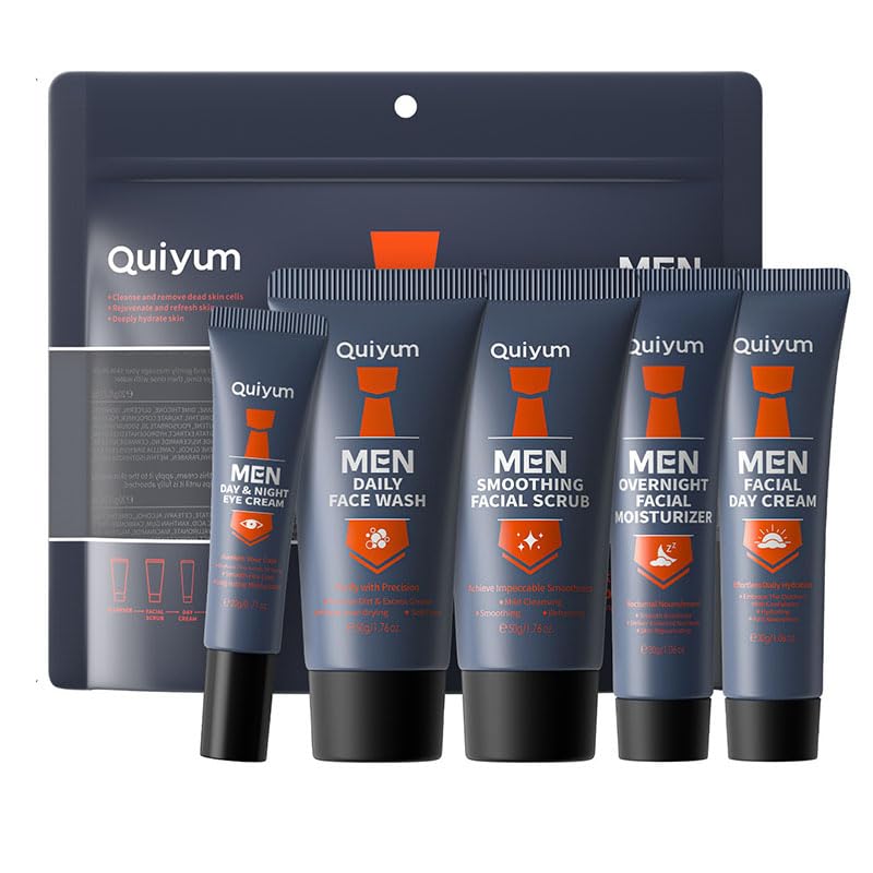 Men's Skincare Travel Kit - 5pcs Hydrating Facial Set with Cleanser, Scrub & Creams for Daily Routine & Travel