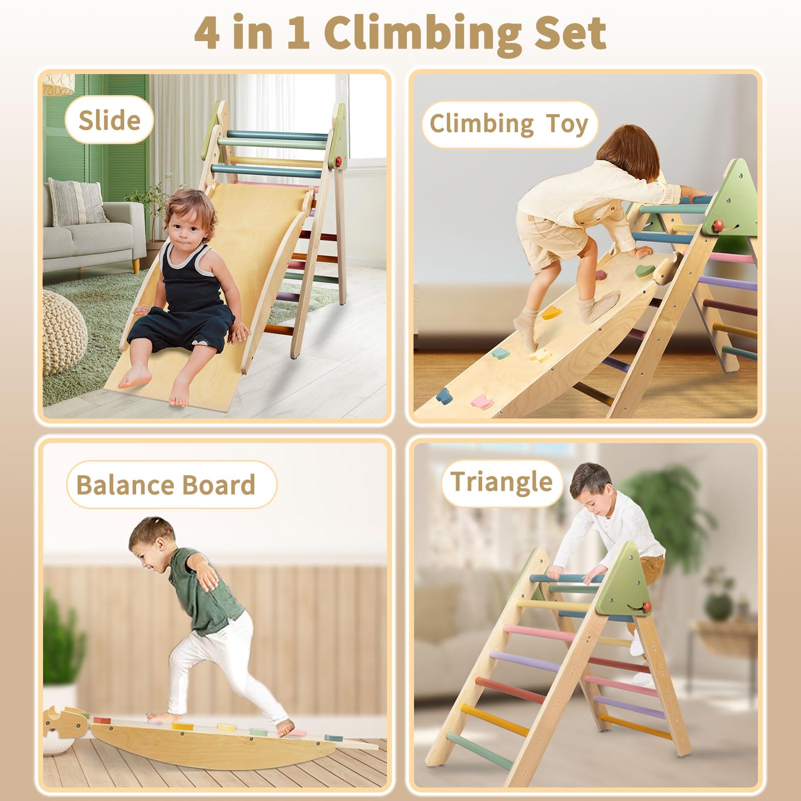 **LOL-FUN 4-in-1 Pikler Triangle Climber Set with Ramp & Slide – Large Foldable Wooden Toddler Climbing Toy for Indoor Play – Montessori Toys for Kids 1-3 Years – Perfect for Home, Nursery & Playroom**