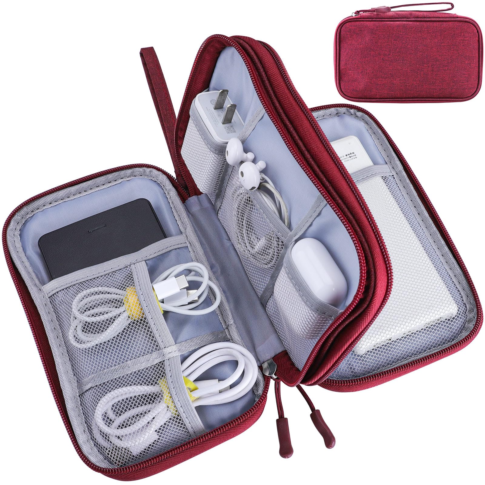 Teskyer Waterproof Travel Organizer Bag for Electronics & Cables - 8.5 x 5 Inch Wine Red Travel Accessories - Perfect for Business Trips, Vacations & Daily Commute (Men & Women)