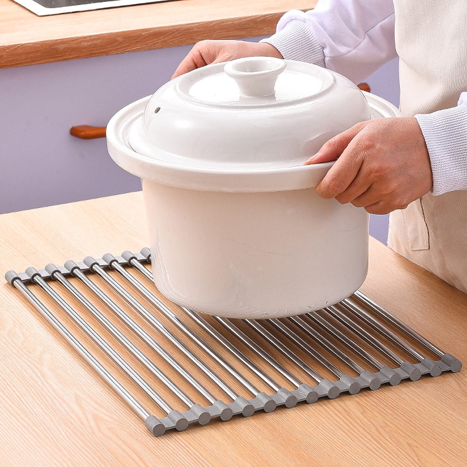 Wolpin Large Roll-up Sink Dish Drying Rack - Stainless Steel Foldable Organizer for Kitchen Utensils, Fruits & Vegetables (47 x 36 cm) | Space-Saving Drainer for Small Kitchens & Countertops | Perfect for Dishwashing, Food Prep & Drying Produce
