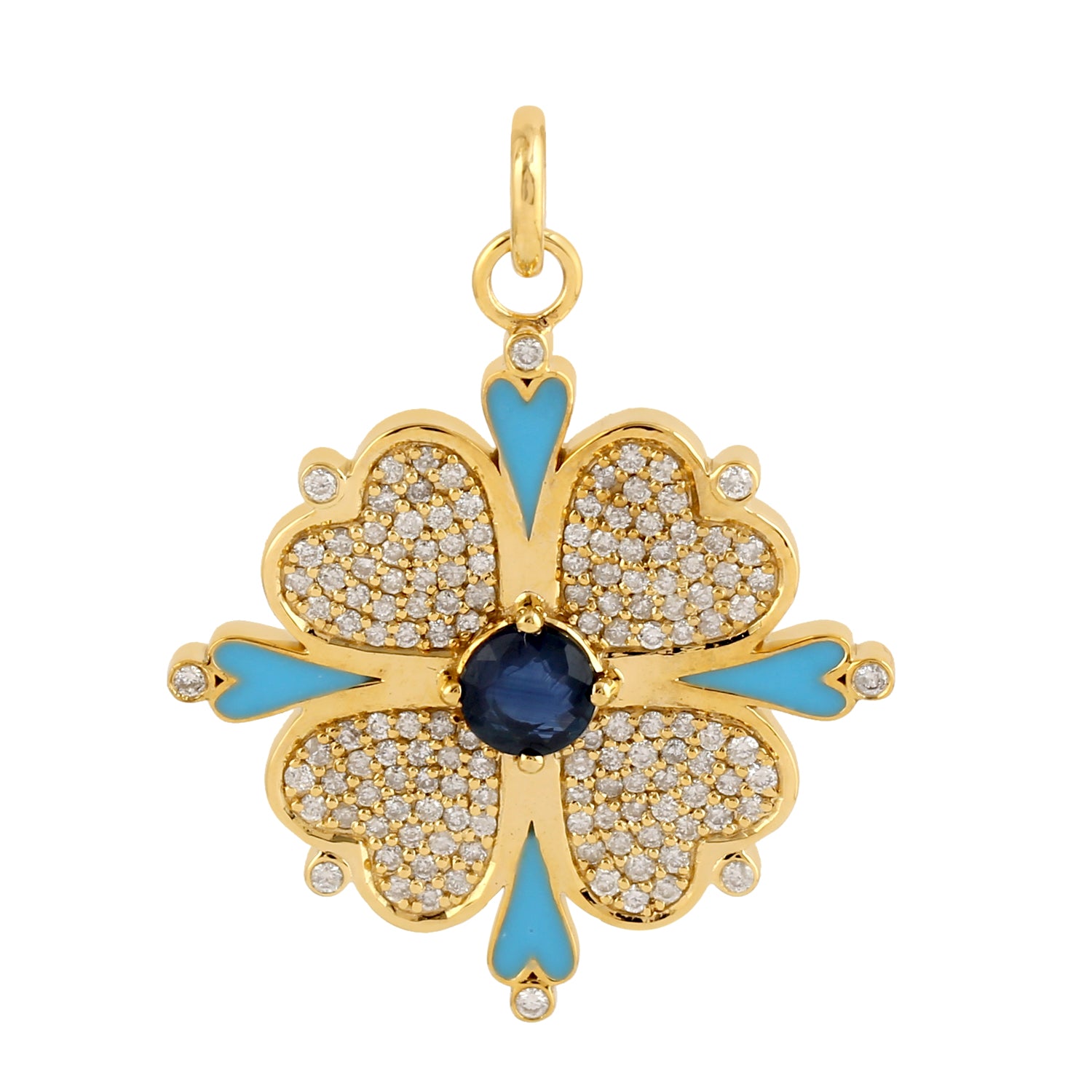 14K Yellow Gold Blue Sapphire Pave Diamond Heart Flower Pendant Necklace - Perfect for Valentine's Day Gifts, Anniversary Presents & Special Occasions