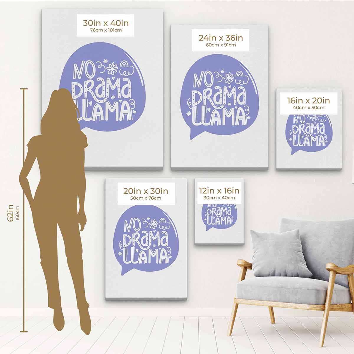 Purple No Drama Llama Wall Art Canvas Print - 17x56 Inch Boho Home Decor for Living Room, Bedroom & Nursery