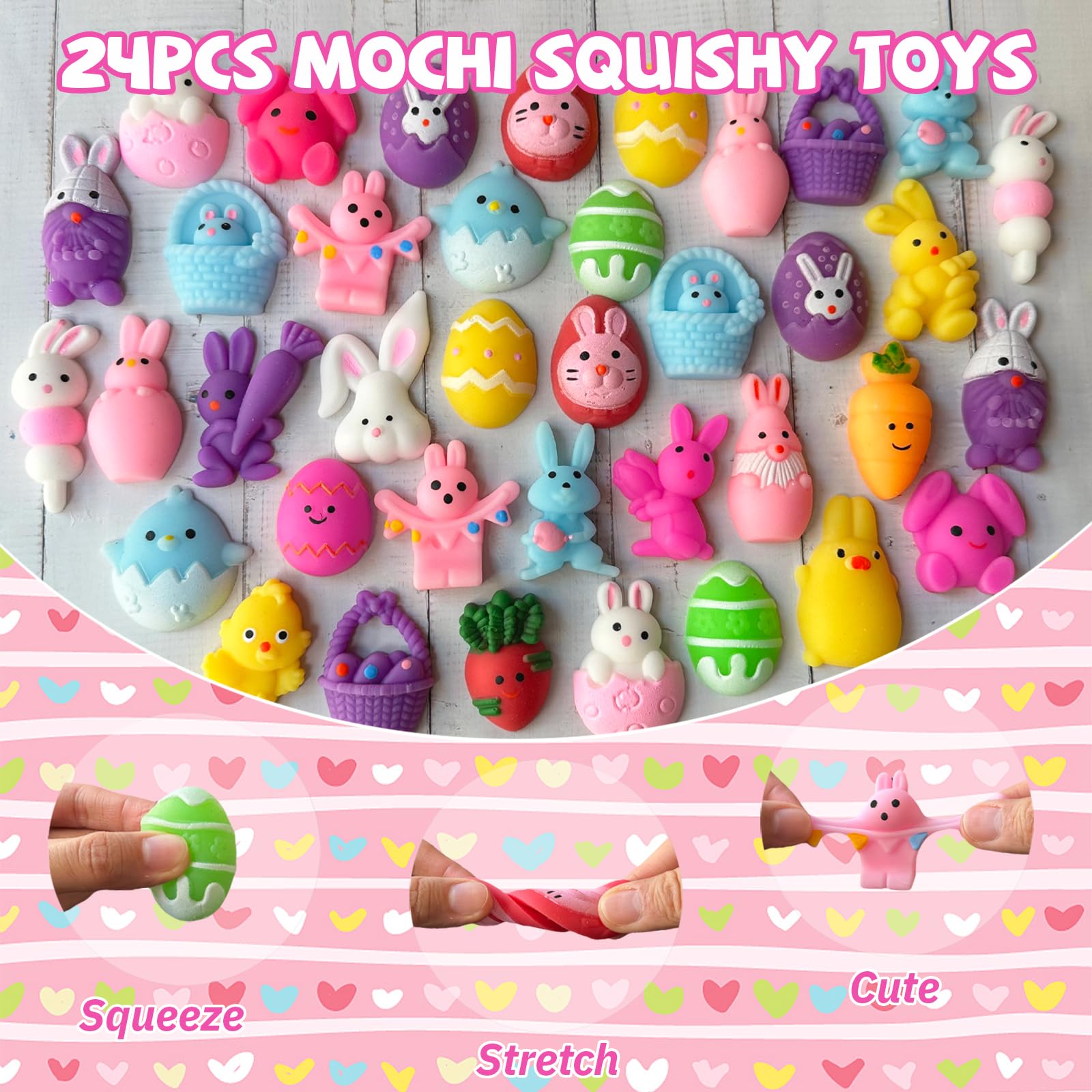 24PCS Easter Mochi Squishy Toys - Cute Animal Stress Relief Fidget Toys for Kids, Toddlers & Teens - Perfect for Easter Basket Stuffers, Egg Fillers, Goodie Bags, Classroom Prizes & Party Favors - Great Sensory Toys for Stress Relief, Anxiety & Focus (Easter Gifts & Party Supplies)