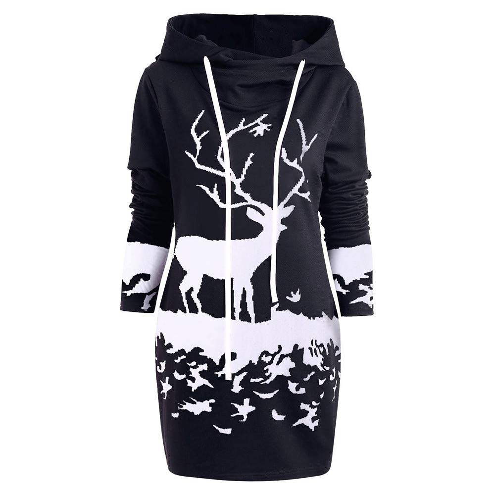 Women's Casual Christmas Reindeer Print Hooded Mini Dress with Drawstring - Black Monochrome Holiday Party Outfit for Festive Gatherings & Family Photos