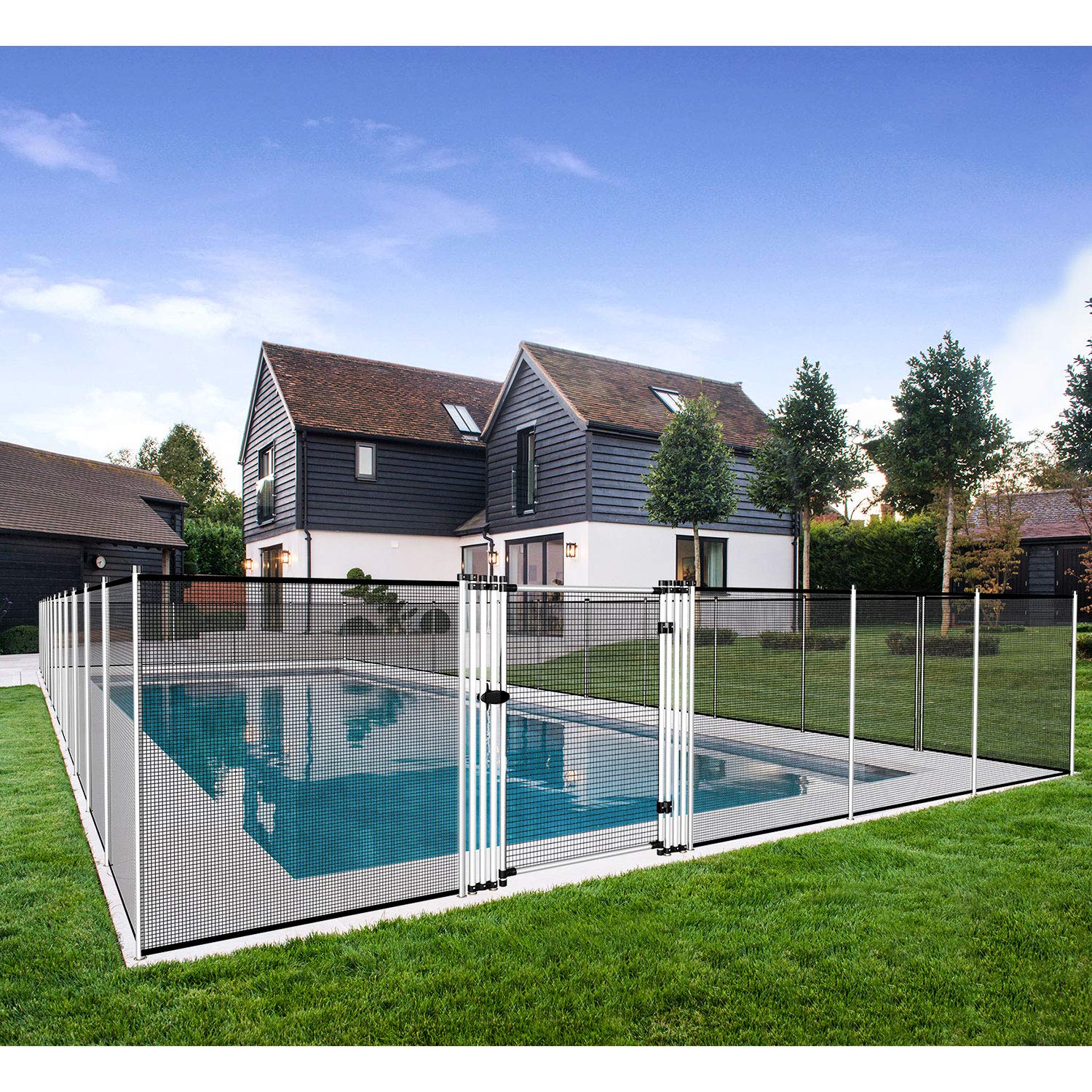 TANG Removable Safety Mesh Pool Fence for Inground Pools - 6'x10' Outdoor Yard Fencing with Stand Poles - Backyard Garden & Pet Barrier for Dogs & Chickens - Perfect for Swimming Pool Safety, Play Area Protection & Pet Containment