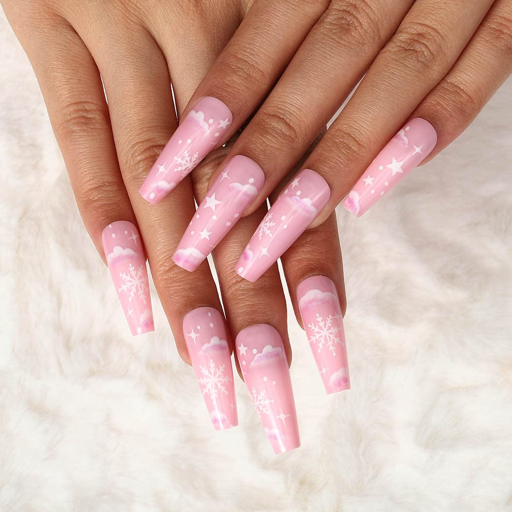Christmas Snowflake Press-On Nails - Glossy Pink Coffin Fake Nails Long Cute Ballerina Style, Full Cover Artificial False Nails Tips for Women & Girls (24Pcs, Style B) - Perfect for Holiday Parties, Gift Giving & Special Occasions