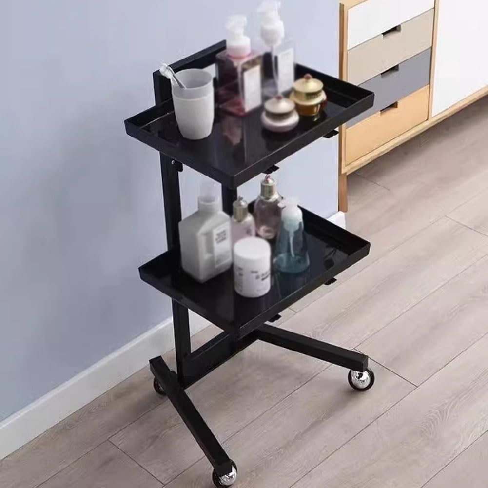 Professional Beauty Salon Trolley Cart - 2-Tier Rolling Station with Storage Tray for Instruments | Foldable & Mobile Salon Organizer for Hair, Nail, Spa Tools (Black, 40x37x87cm) | Perfect for Salon, Spa, Home Beauty Setup & Professional Makeup Stations