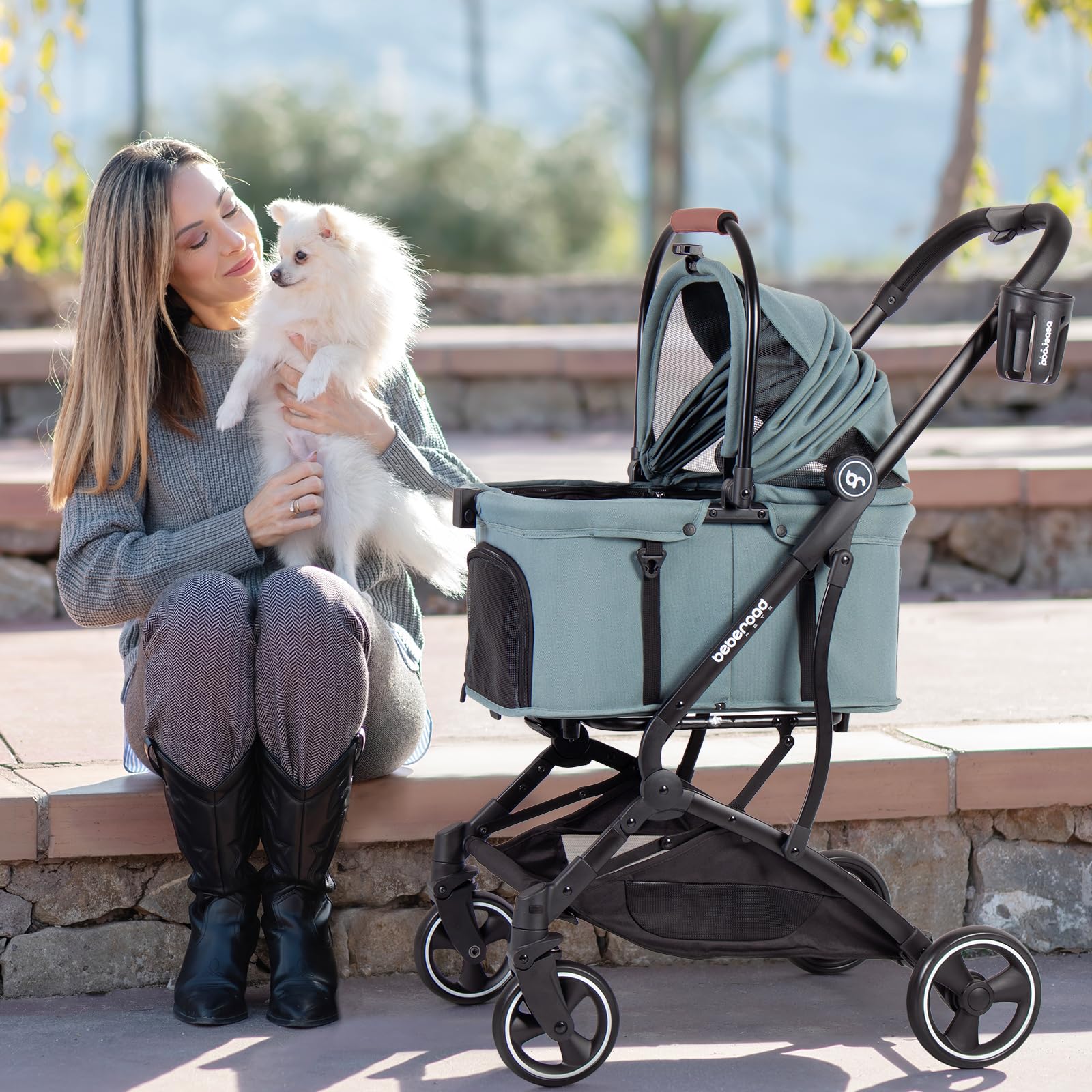 T3 3-in-1 Small Pet Stroller for Dogs & Cats - 4-Wheel Lightweight Folding Design with Removable Carrier, Cushioned Pad, Canopy & Cup Holder - Perfect for Park Walks, Vet Visits & Shopping Trips (Green)