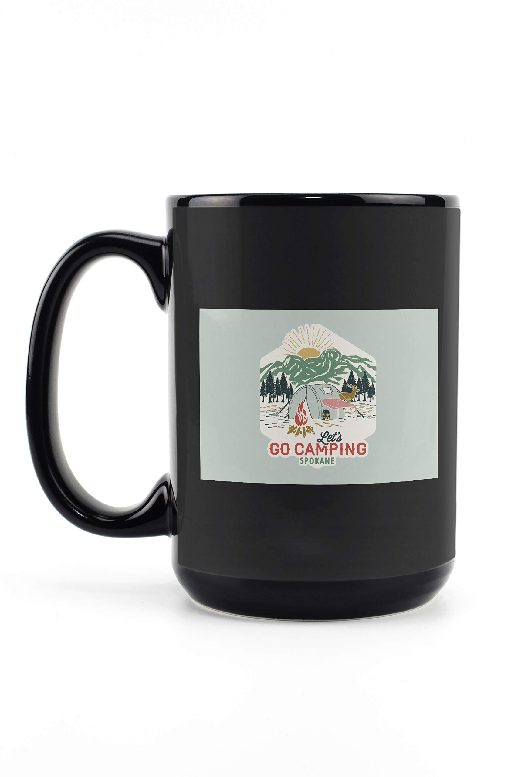 Spokane Washington Let's Go Camping Ceramic Mug - 15oz Black Contour Travel Coffee & Tea Cup with Handle, Dishwasher & Microwave Safe - Perfect for Outdoor Adventures, Camping Trips & Daily Use