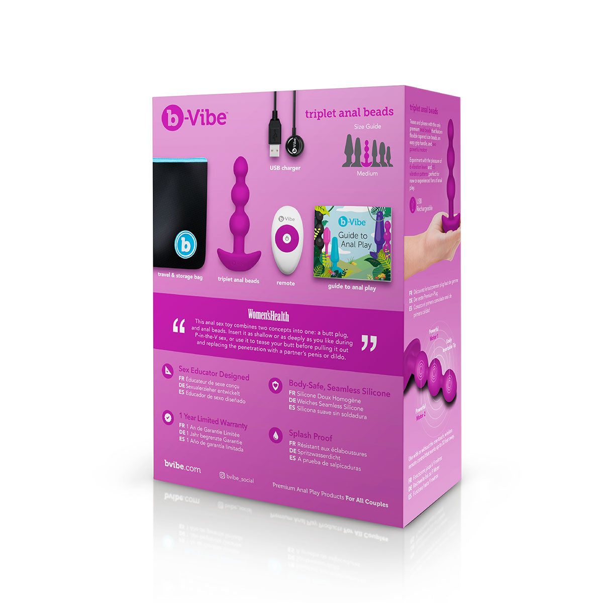 B Vibe Triplet Anal Beads - Premium Silicone Anal Pleasure Toy for Men & Women in Fuchsia | Perfect for Couples Play & Solo Exploration