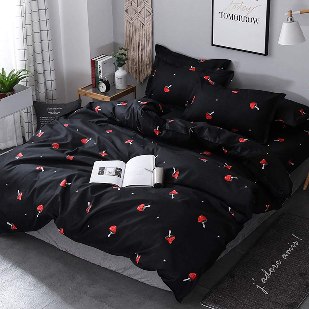TEALP Twin Size Duvet Cover Set - Soft Mushroom Pattern Bedding with 1 Duvet Cover & 2 Pillowcases (Black/Red) | Cozy Bedroom Decor for Kids, Teens & Adults