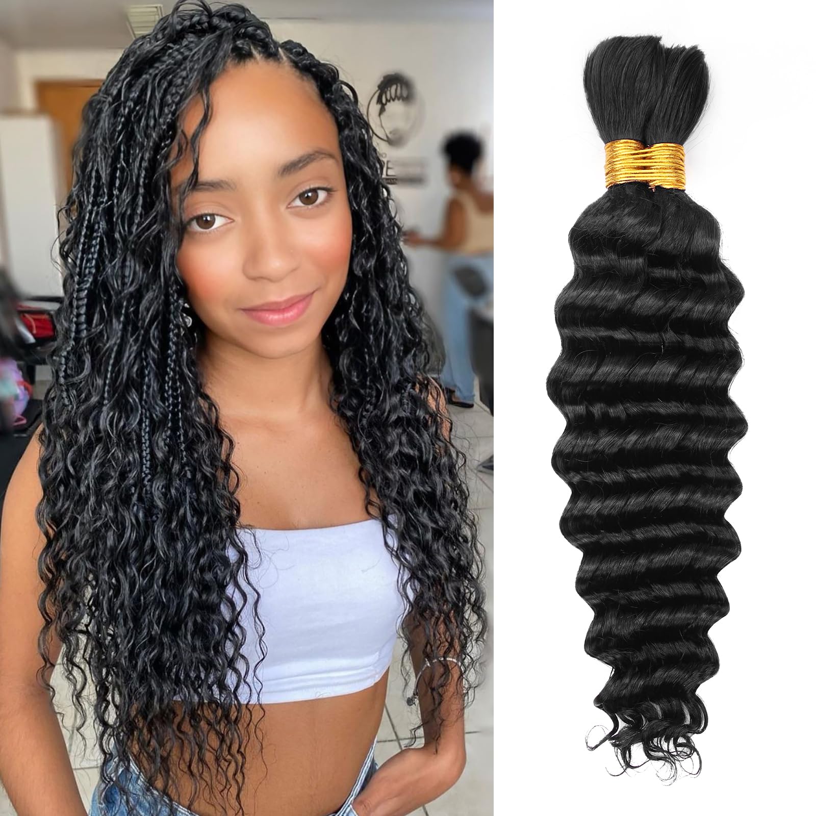 1B Black Deep Wave Bulk Human Hair for Braiding - 18 Inch No Weft Curly Hair Extensions (100g) | Perfect for Boho Braids, Wet & Wavy Styles, Protective Hairstyles & Natural Hair Care