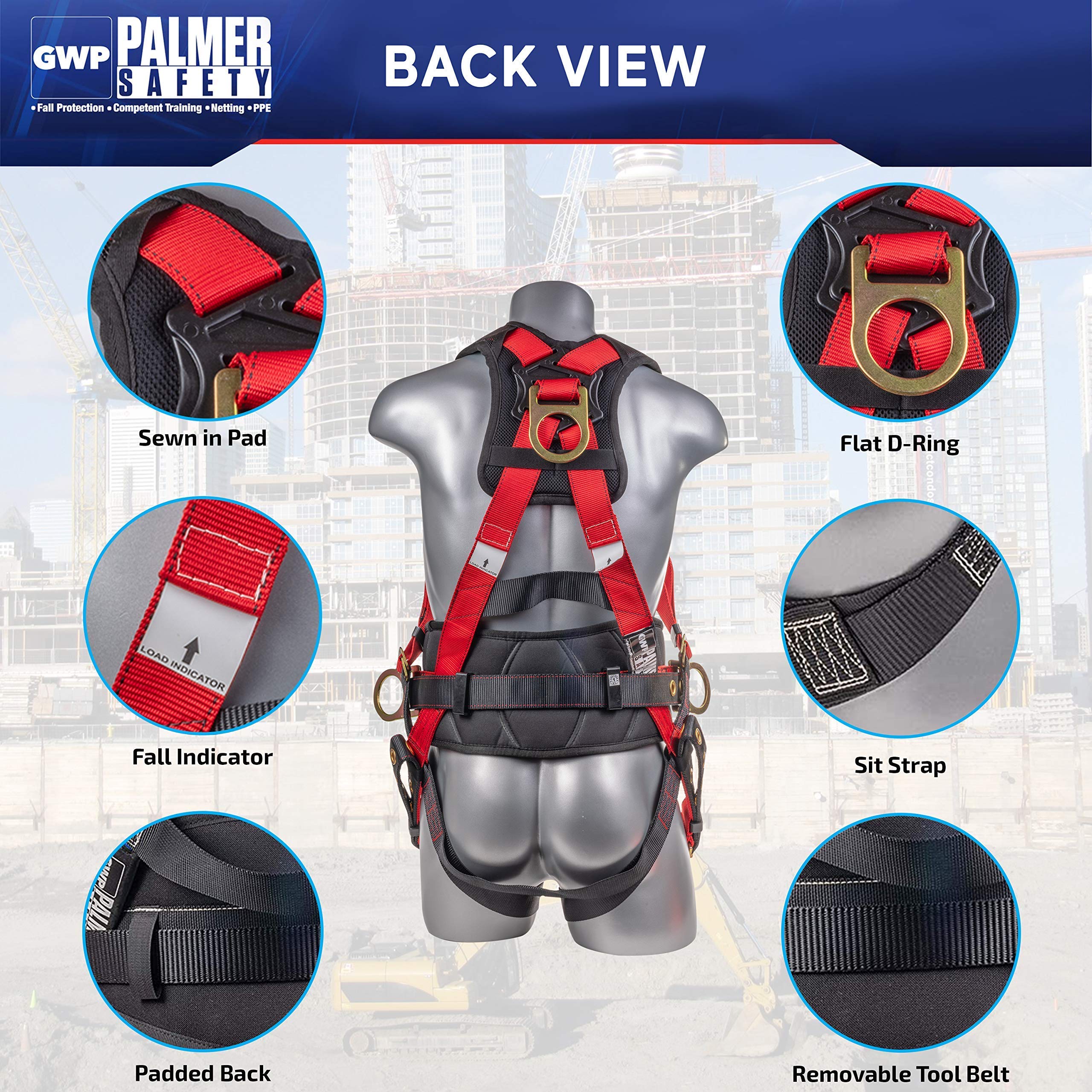 Palmer Safety Fall Protection Hammerhead Kit - 5 Point Safety Harness, 6ft Double Leg Lanyard, 18in D-Ring Extender (Red, Medium) | OSHA Compliant Construction & Roofing Safety Gear