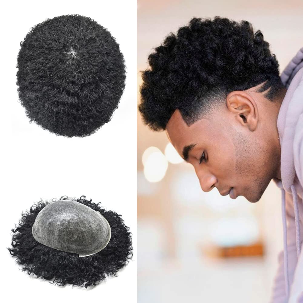 6mm Afro Wavy Human Hair Toupee for Black Men - Natural Looking Replacement System with Poly Thin Skin & PU Injection - African American Kinky Curly Hair Unit (Color 1B Off Black) - Perfect for Daily Wear, Cosplay, and Special Occasions