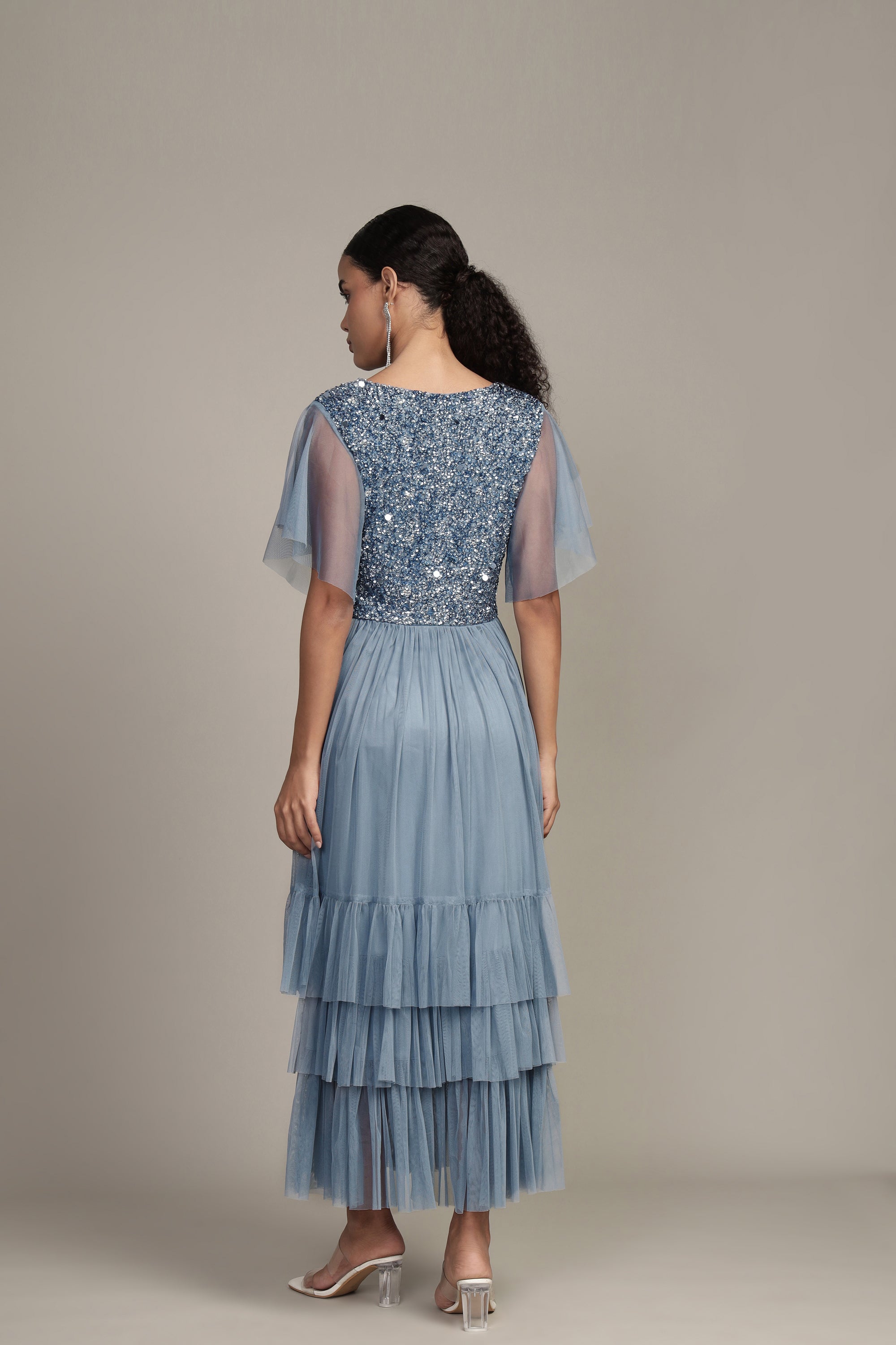 Elegant Maddie Embellished Midi Dress in Dusty Blue - Perfect for Weddings, Parties & Special Occasions
