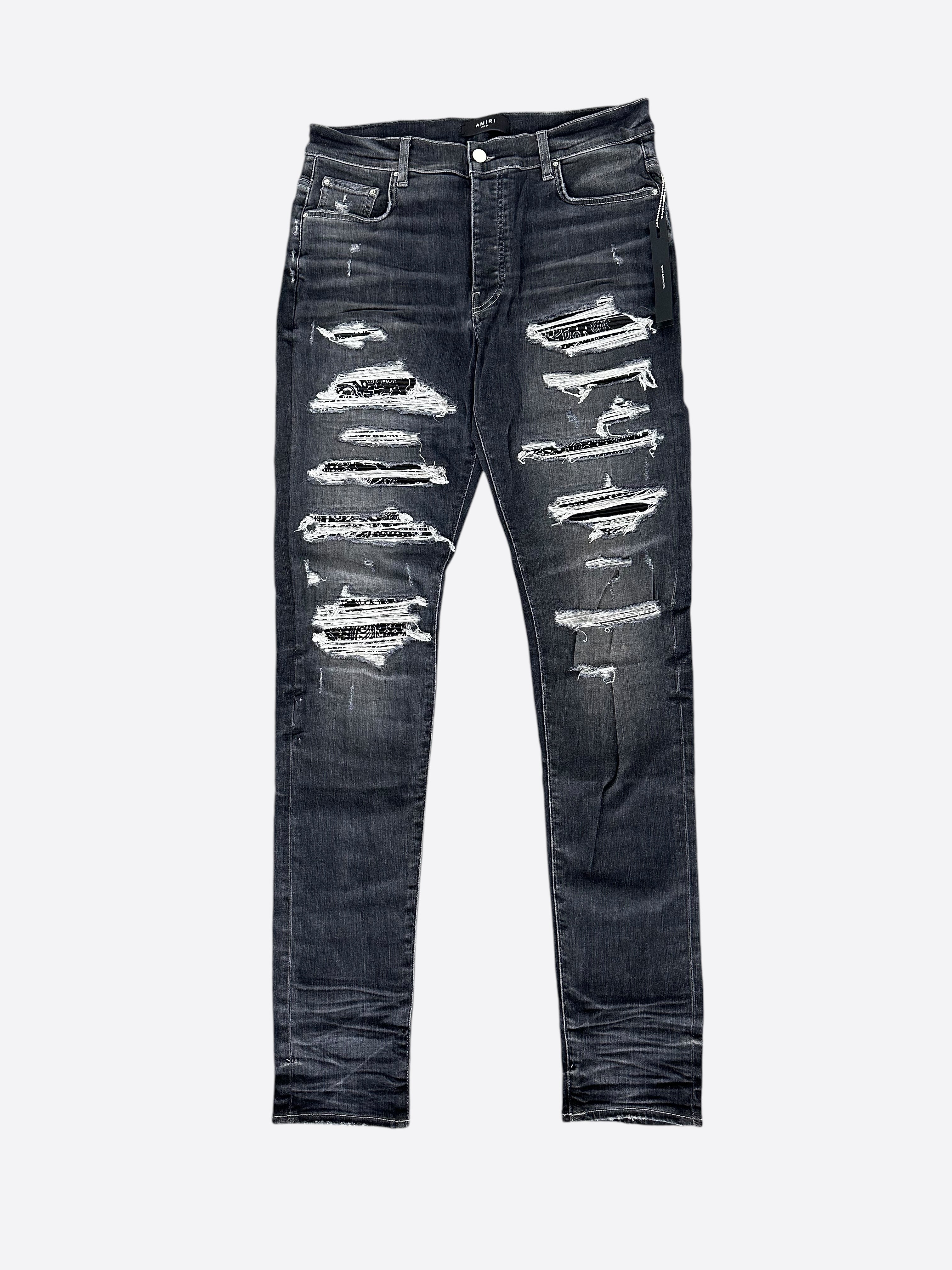 Amiri Grey & Black Bandana Patch Thrasher Jeans for Men - Distressed Denim Pants with Vintage Style - Perfect for Streetwear, Concerts & Casual Outfits