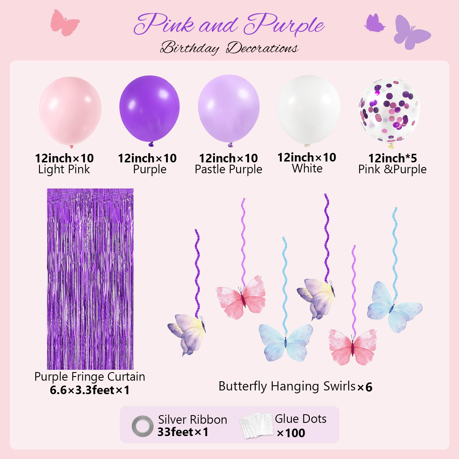Pink & Purple Birthday Party Decorations Kit - Hanging Swirls, Tissue Pom Poms, Circle Dots, Tassel Garland, Balloons & Fringe Curtain for Women's Birthday Celebration | Perfect for Baby Showers, Bridal Showers & Anniversary Parties