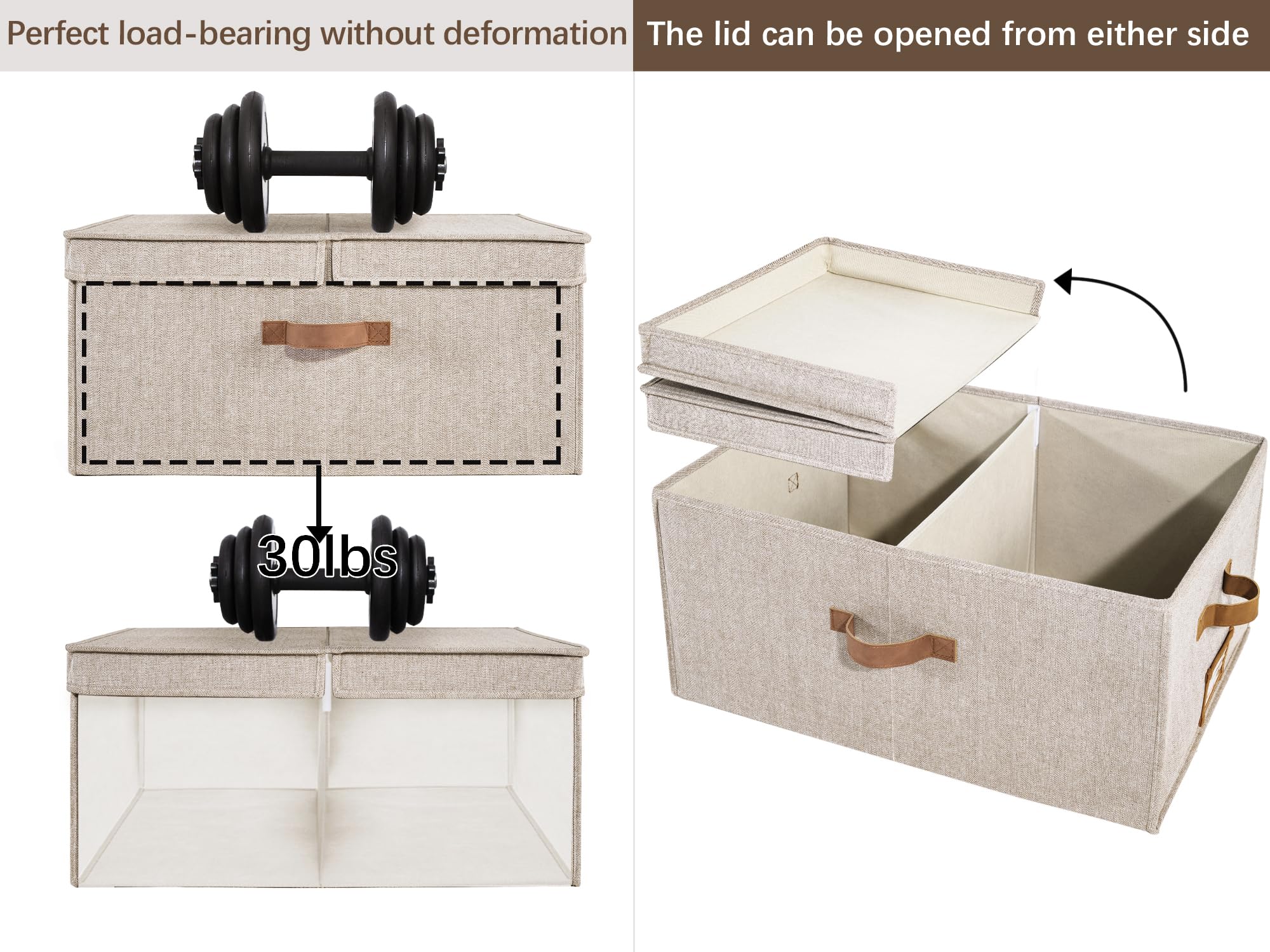 Extra Large 55L Storage Bins with Metal Frame & Double-Open Lids - Decorative Storage Baskets with Divider Board for Home Organization | Perfect for Closet, Bedroom & Living Room Storage