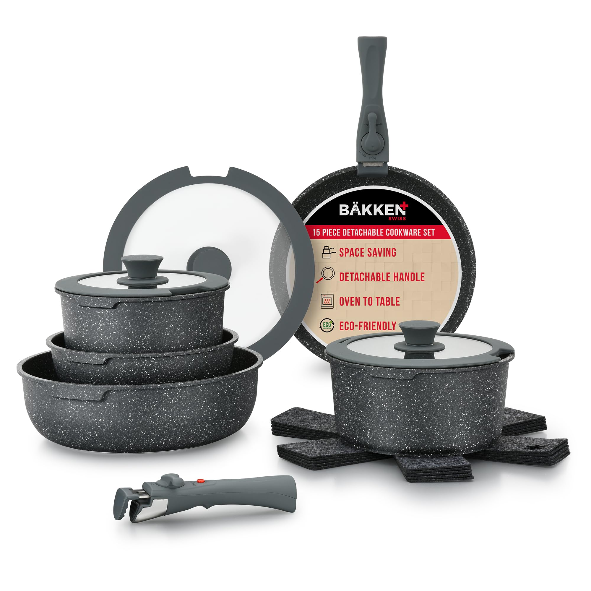 Premium 15-Piece Non-Stick Cookware Set with Removable Handles - Granite Coated Stackable Pots & Pans, Oven & Dishwasher Safe, Induction Compatible for Gas, Electric & Ceramic Stoves - Perfect for Family Cooking, Meal Prep & Everyday Kitchen Use - Black Granite