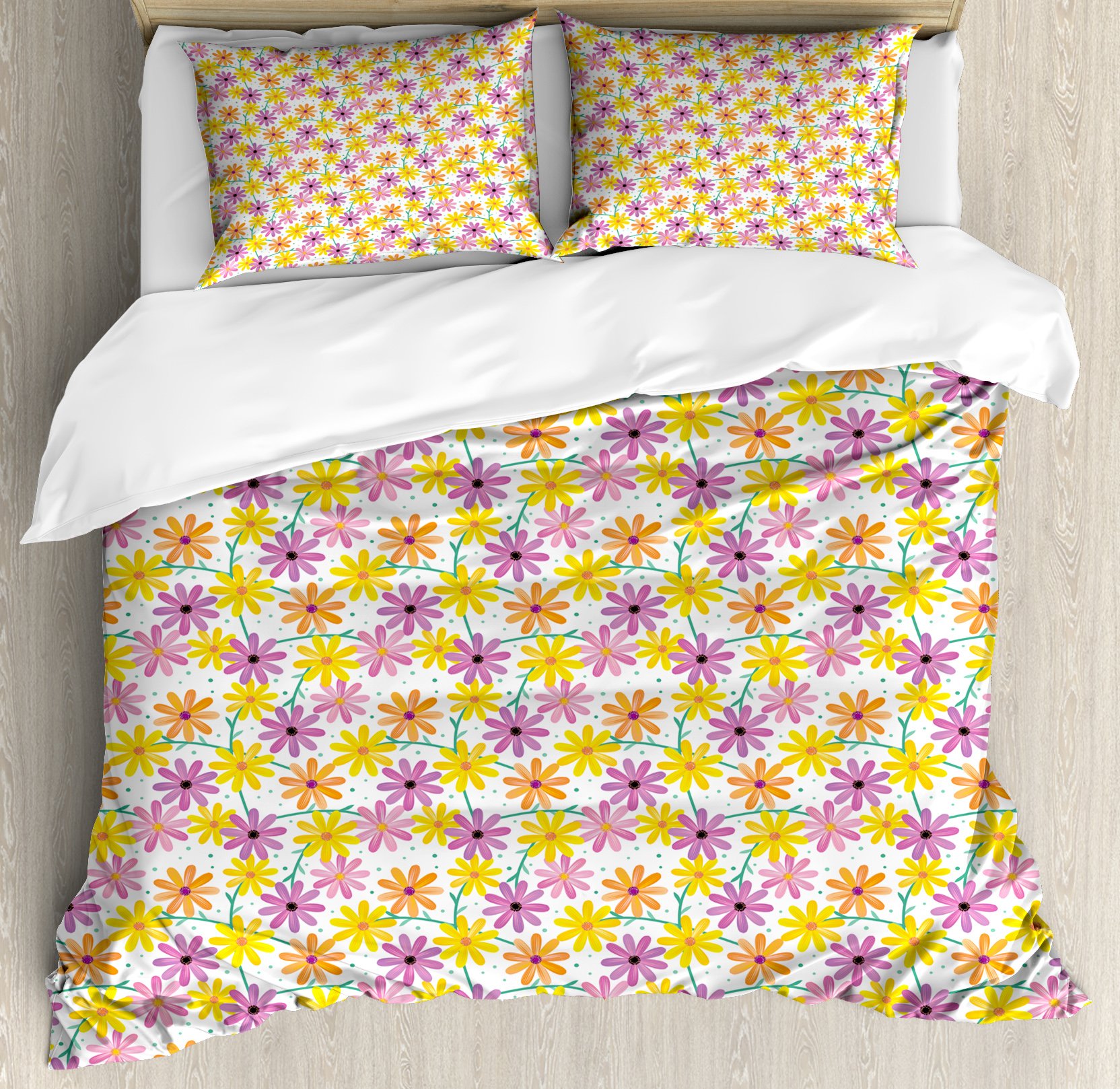 Ambesonne Garden Art Duvet Cover Set - Colorful Gerbera Daisies on Dotted Background, 3-Piece Queen Size Bedding with 2 Pillow Shams in Pale Purple & Yellow | Perfect for Spring Bedroom Decor, Floral Theme Guest Rooms & Botanical Inspired Home Styling
