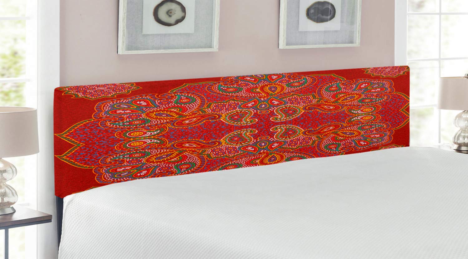 Ambesonne King Size Upholstered Headboard with Memory Foam - Moroccan Persian Mandala Design Floral Print in Burgundy White | Decorative Metal Bed Frame Headboard for Master Bedroom, Guest Room, Dorm Decor