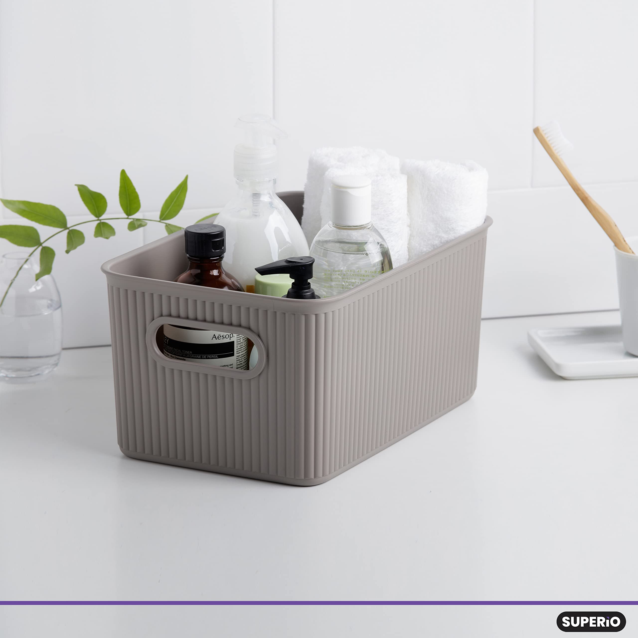 Superio Ribbed Collection - 6 Pack Decorative Plastic Open Storage Bins & Organizer Baskets, Medium Taupe (5 Liter Capacity) | Perfect for Closet, Shelf, Drawer & Home Organization | Space-Saving Storage Boxes for Bedroom, Bathroom & Office