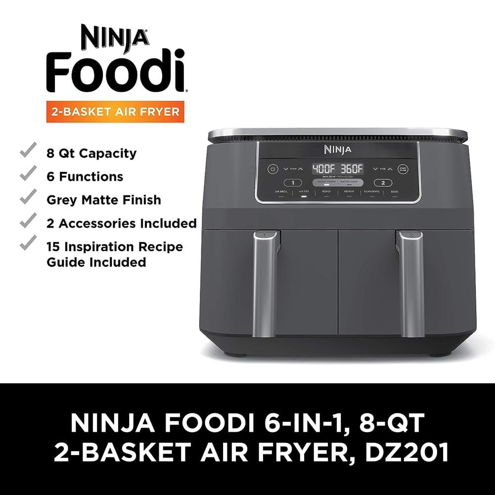 Ninja DZ201 Foodi 8 Quart 6-in-1 DualZone Air Fryer with 2 Independent Baskets - Smart Finish, Match Cook, Roast, Broil & Dehydrate - Perfect for Family Dinners, Meal Prep & Healthy Cooking - Grey